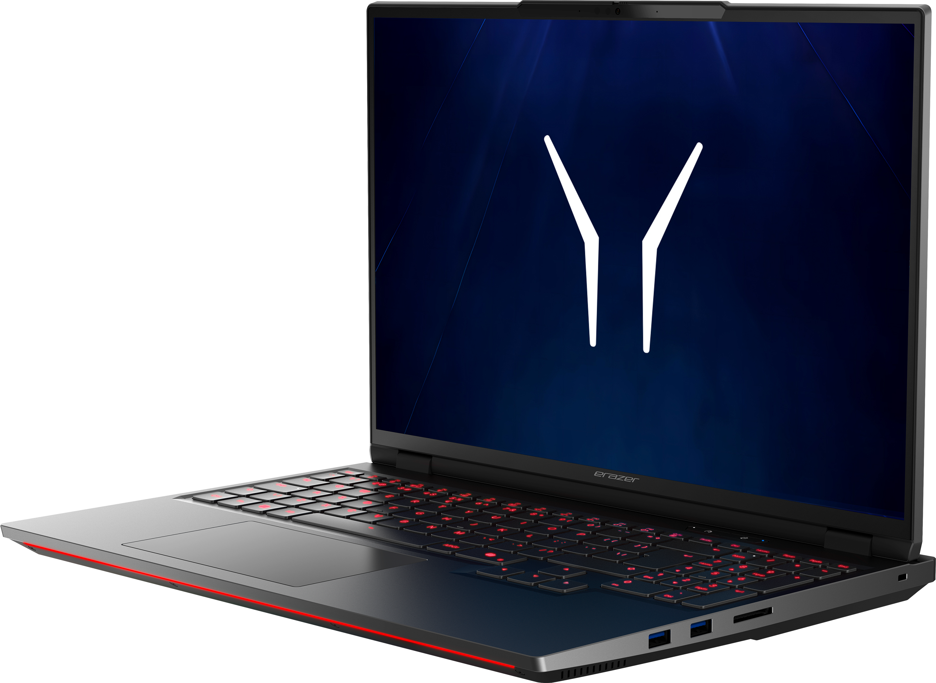 Ein geöffneter Laptop mit beleuchteter Tastatur und einem "Y"-Logo auf dem dunklen Bildschirm.