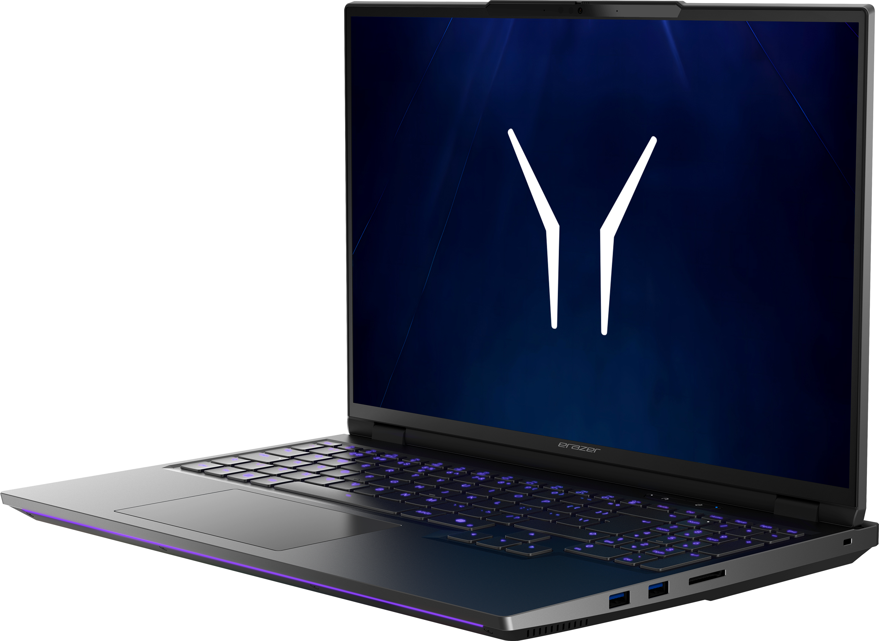 Ein offener Laptop mit blauem Bildschirm und weißem Logo.