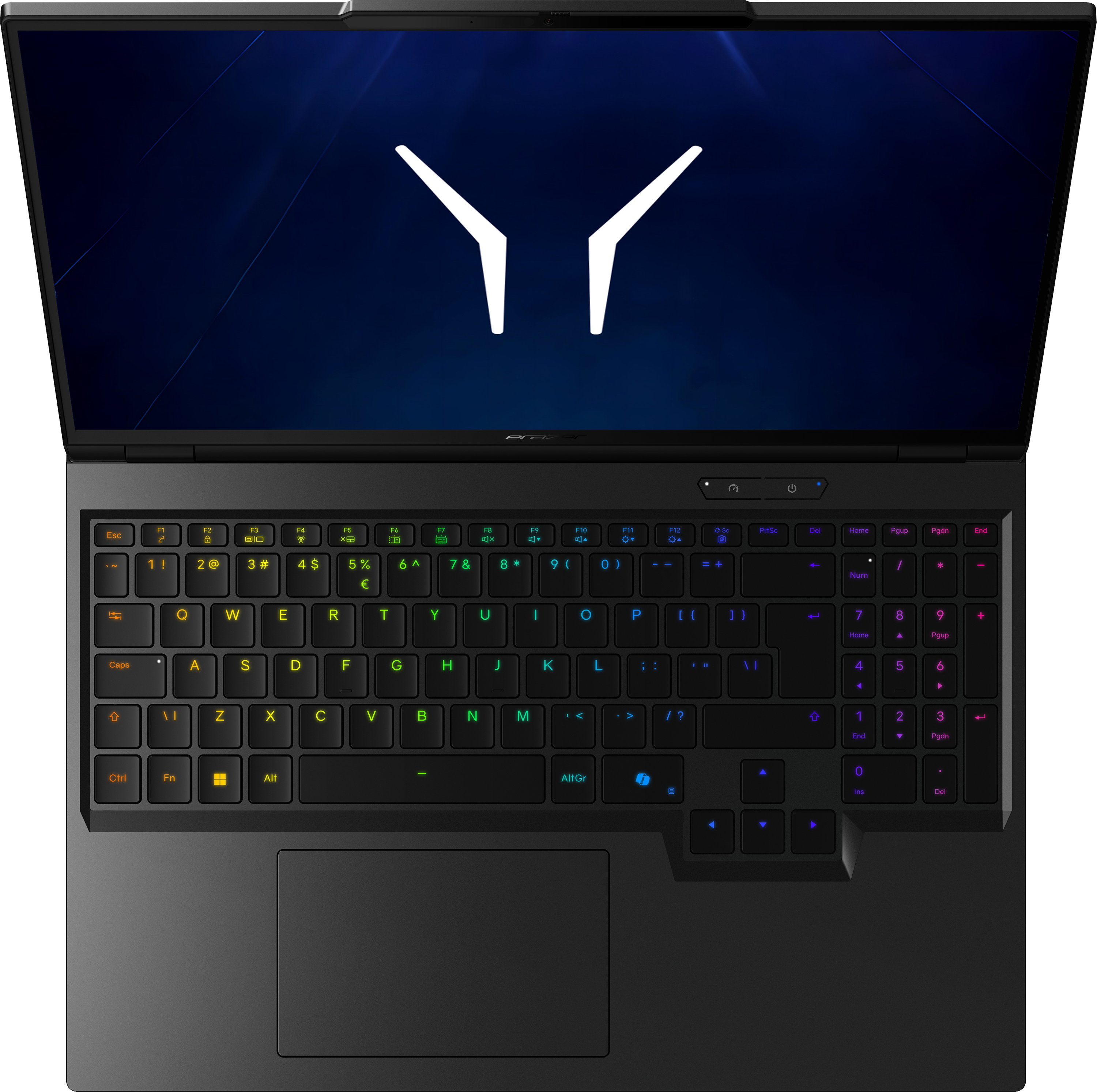 Ein geöffneter schwarzer Laptop mit beleuchteter Tastatur und einem blauen Hintergrund.