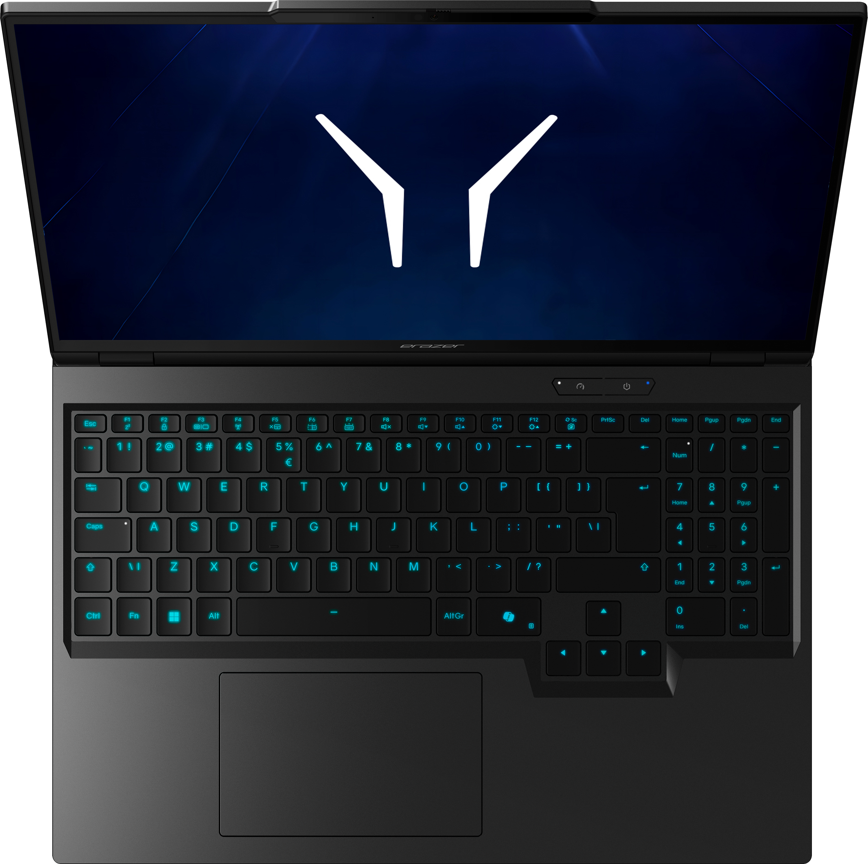 Ein offener Laptop mit blau beleuchteter Tastatur und einem weißen Logo auf dem dunklen Bildschirm.