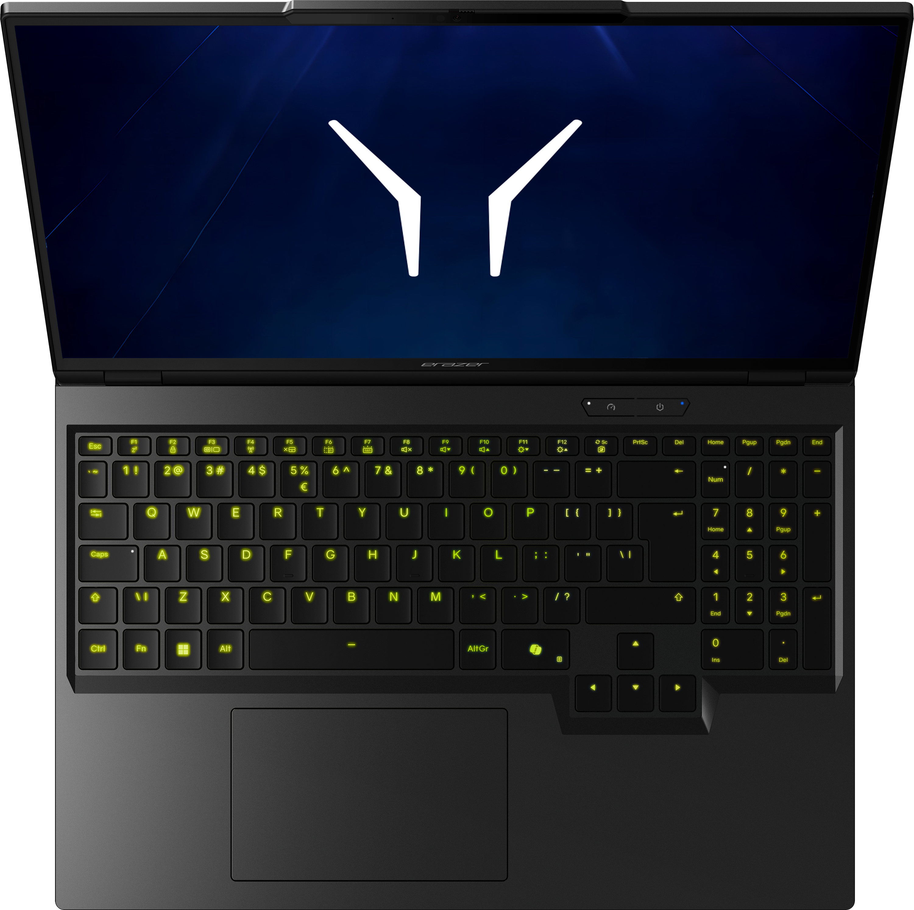 Ein geöffneter Laptop mit beleuchteter Tastatur und einem Logo auf dem Bildschirm.