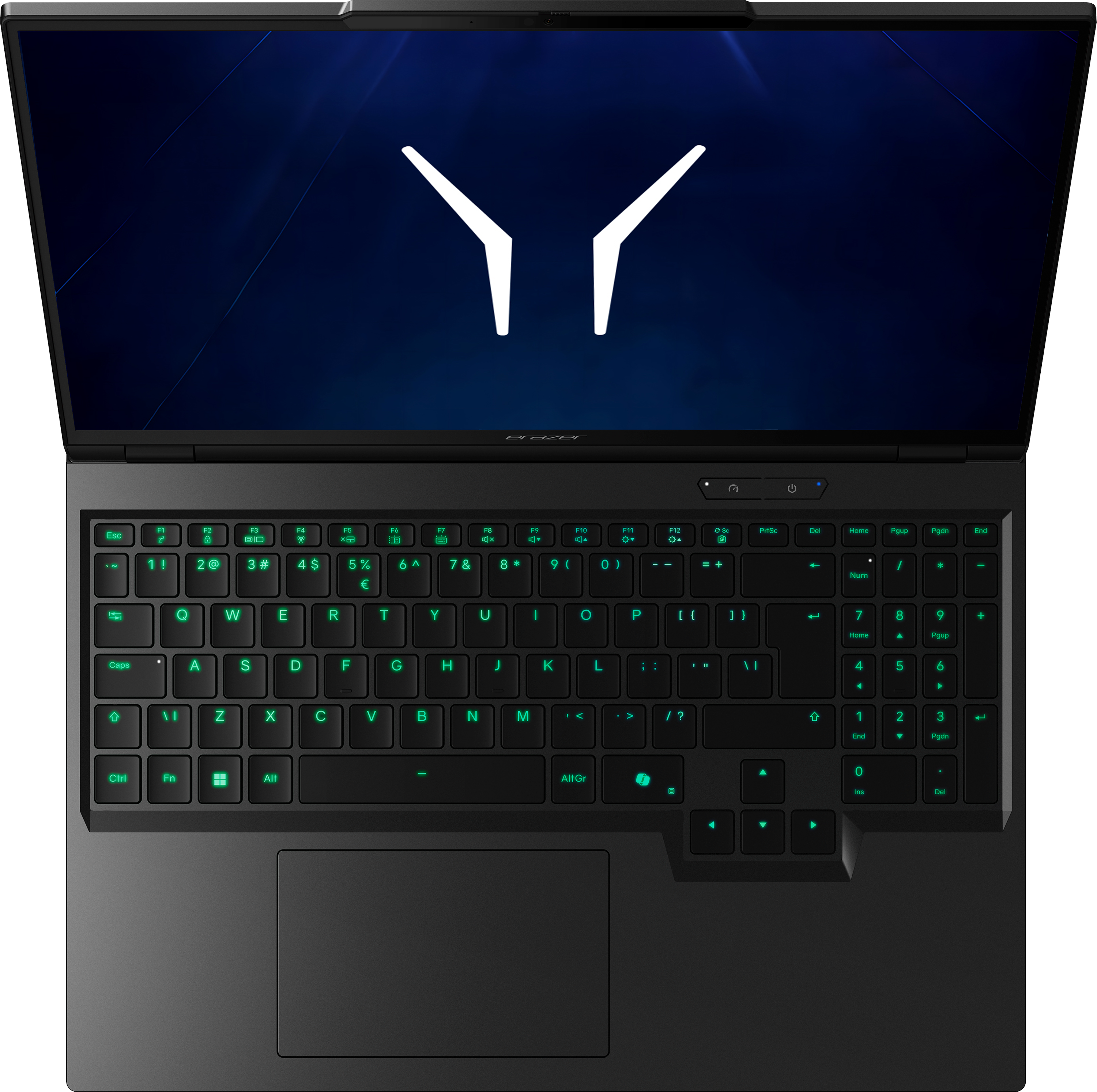 Ein offener Laptop mit beleuchteter grüner Tastatur und blauem Hintergrundbild.