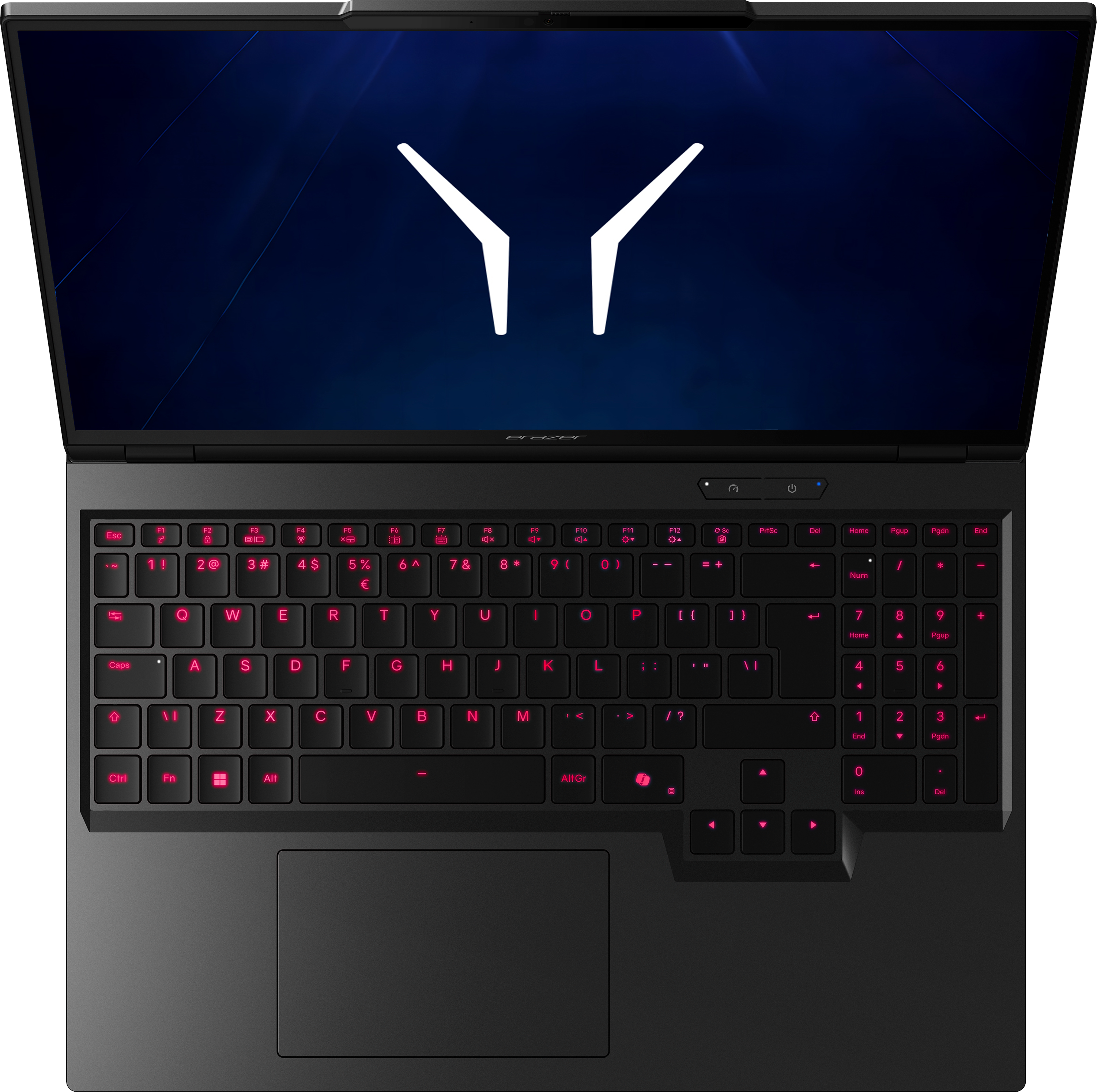 Ein geöffneter schwarzer Laptop mit beleuchteter Tastatur und einem Logo auf dem Bildschirm.