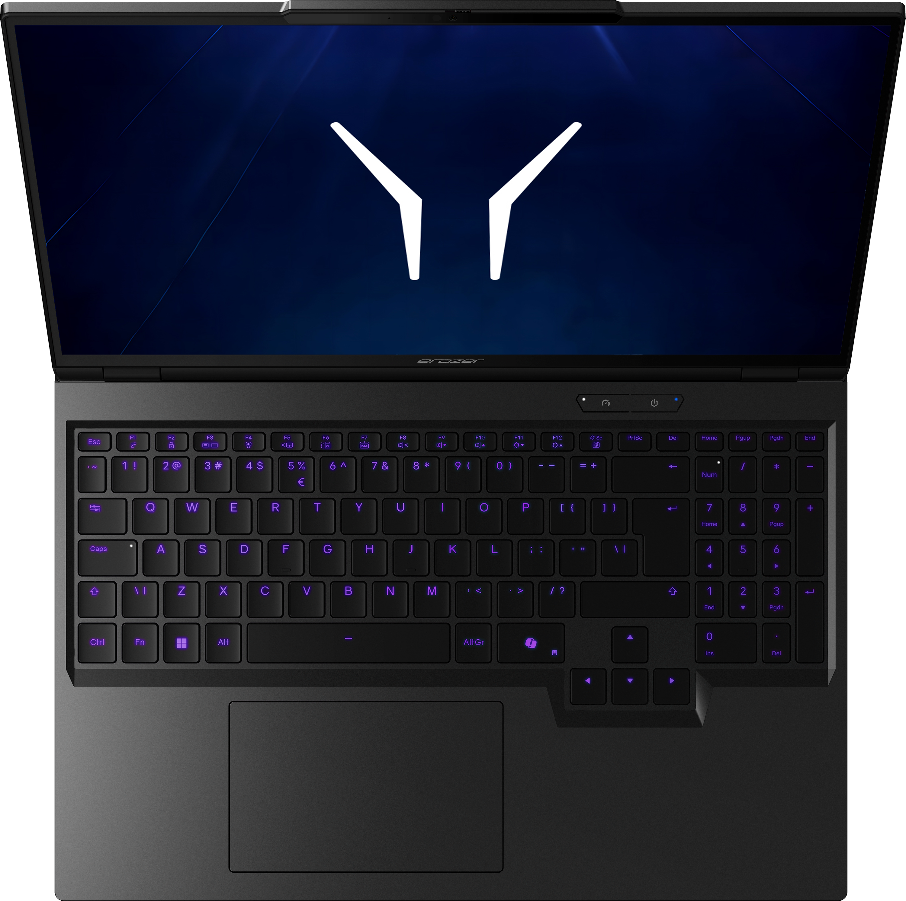Ein offener schwarzer Laptop mit beleuchteter Tastatur und einem blauen Logo auf dem Bildschirm.