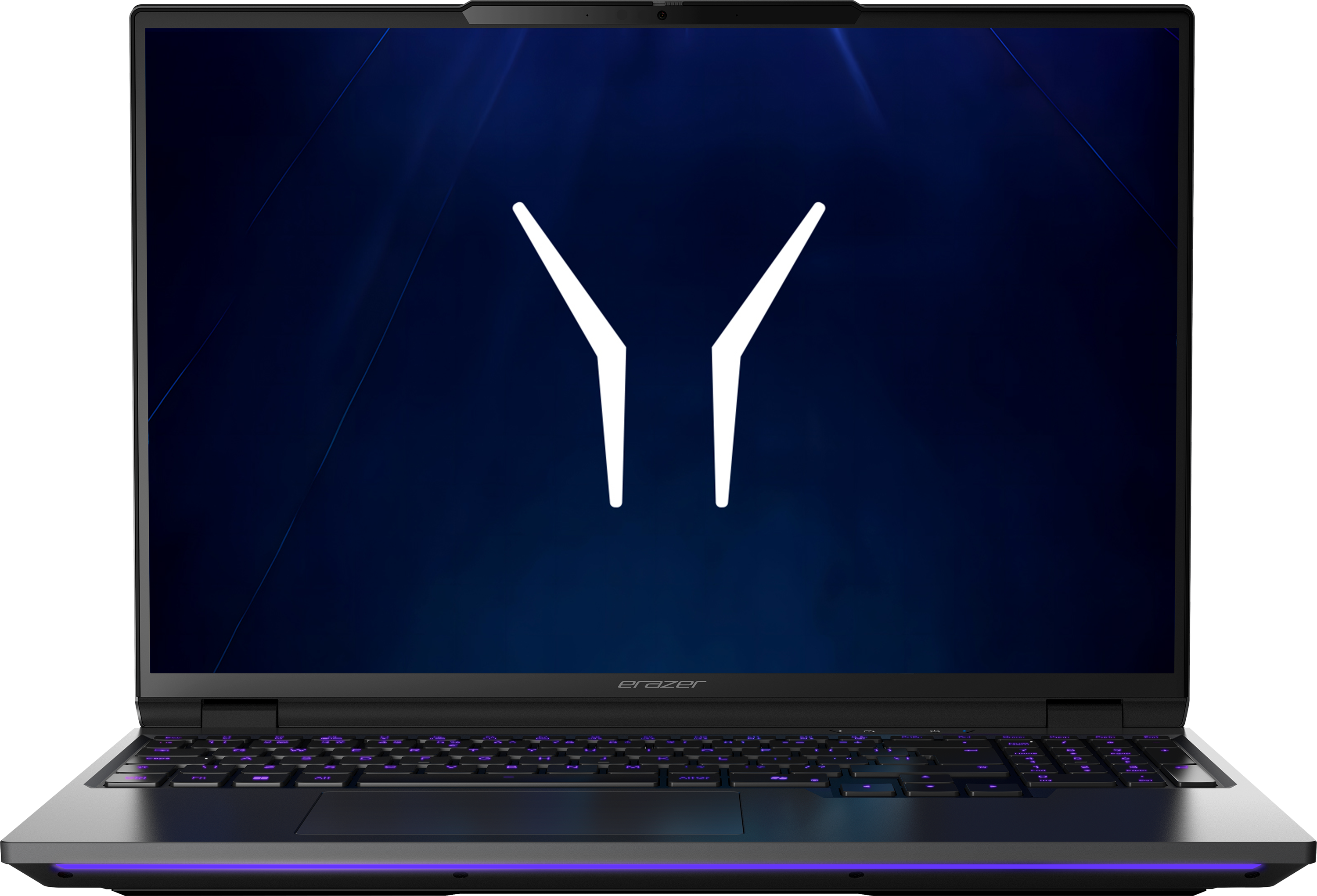 Ein geöffneter Laptop mit einem weißen Y-Logo auf einem dunklen blauen Hintergrund.