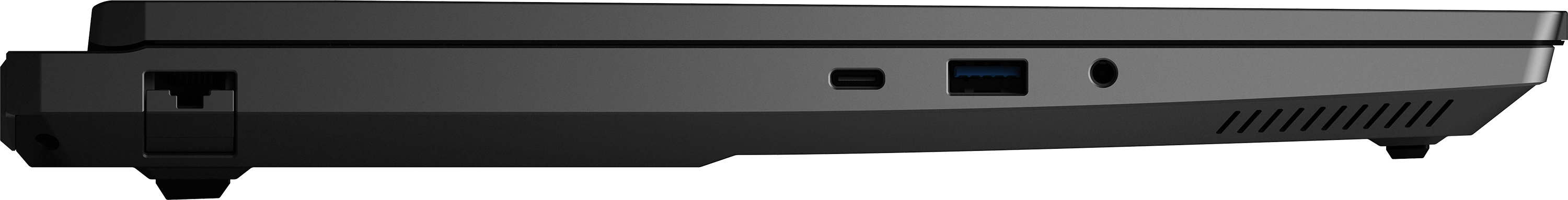 Schwarzer Laptop-Seite mit Anschlüssen: Ethernet, USB-C, USB-A, Kopfhörerbuchse.