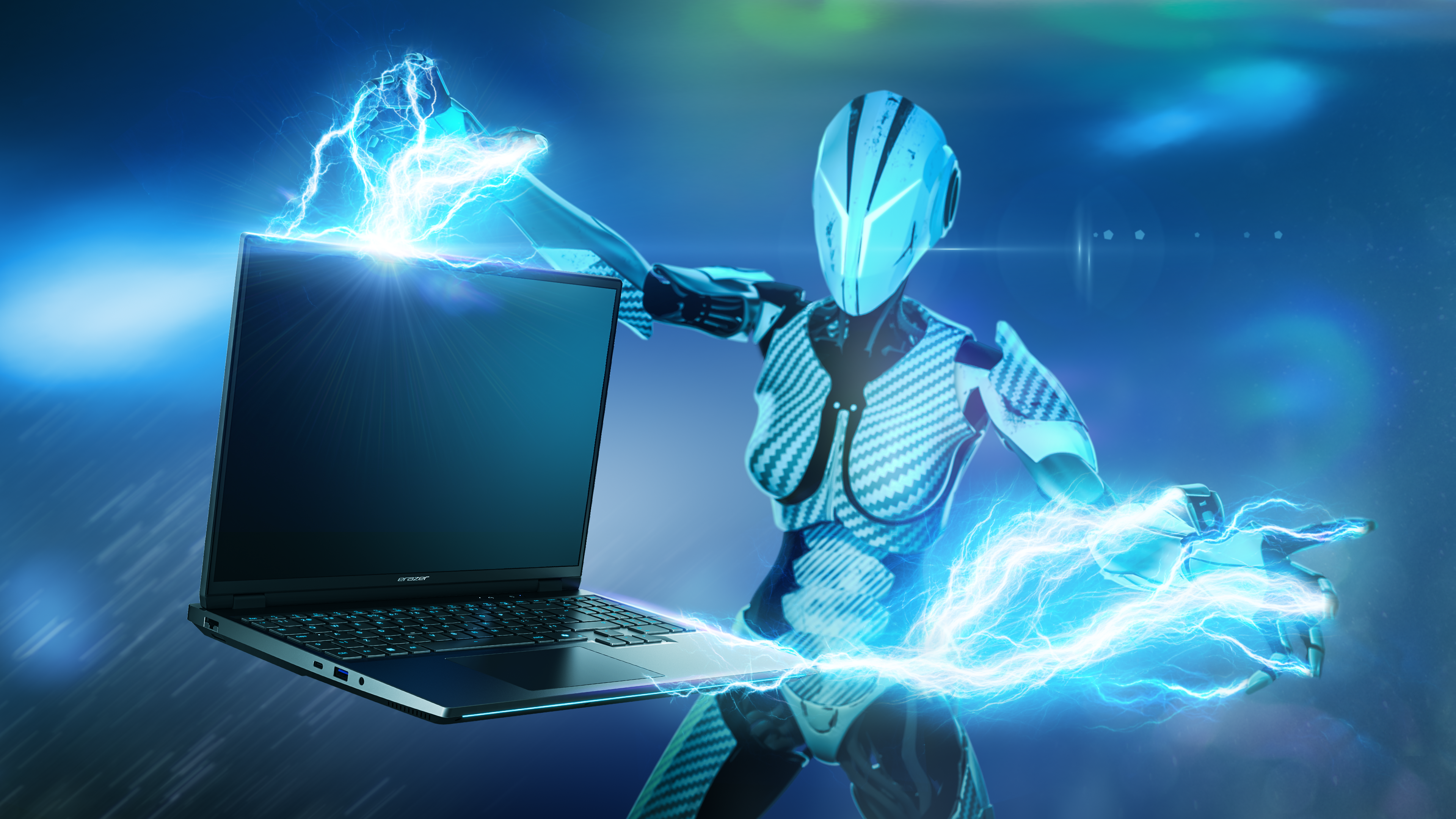 Ein humanoider Roboter mit blauem Licht und Blitzen hält einen Laptop.