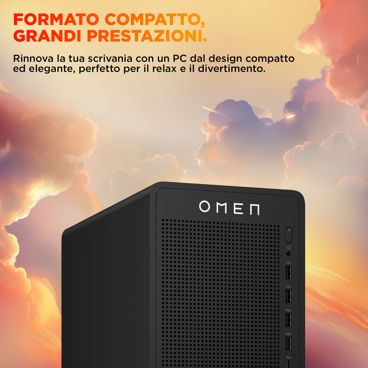 PC OMEN nero con ventola e porte, su un cielo drammatico.
