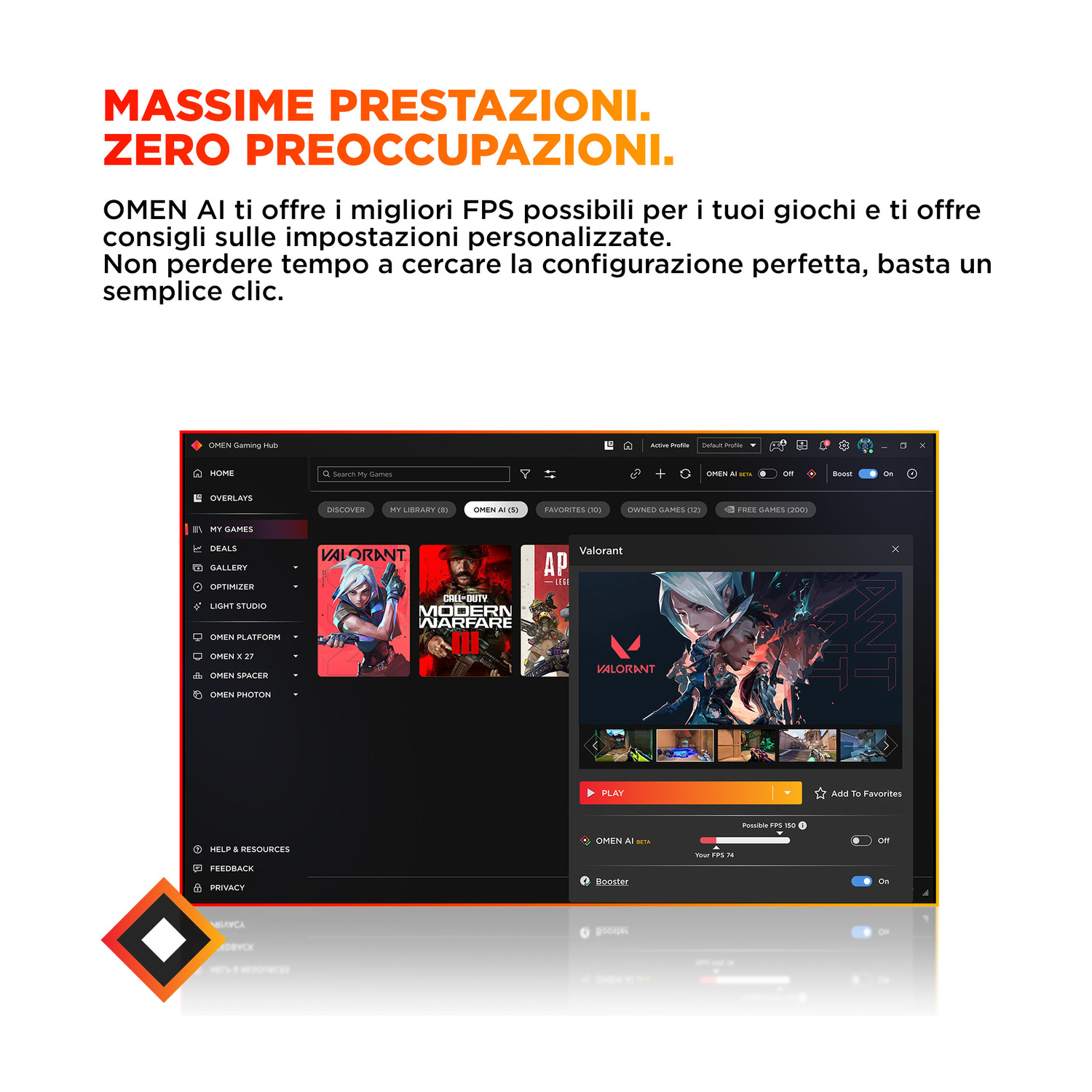 OMEN Gaming Hub mostra giochi come Valorant e Modern Warfare. Visualizza FPS e opzioni booster.