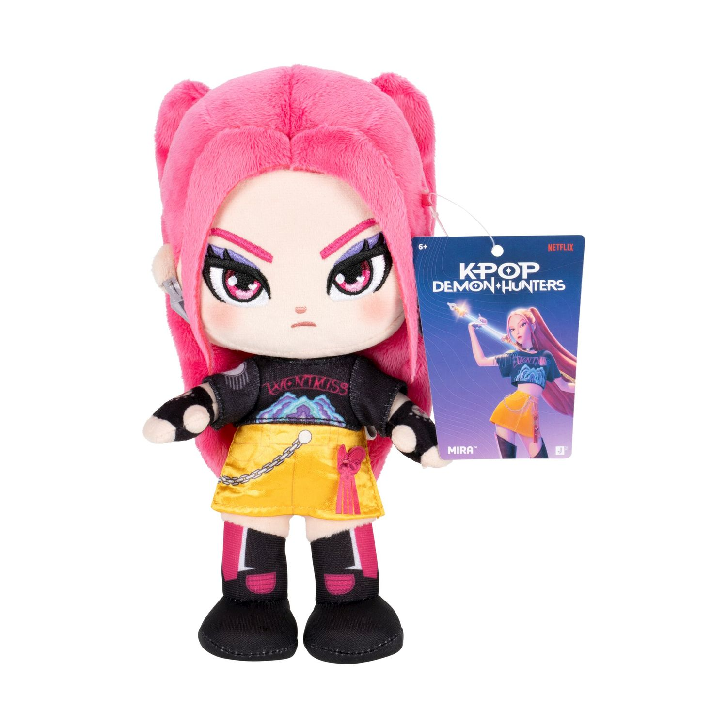 Peluche con capelli rosa, gonna gialla ed etichetta Netflix K-Pop Demon Hunters.