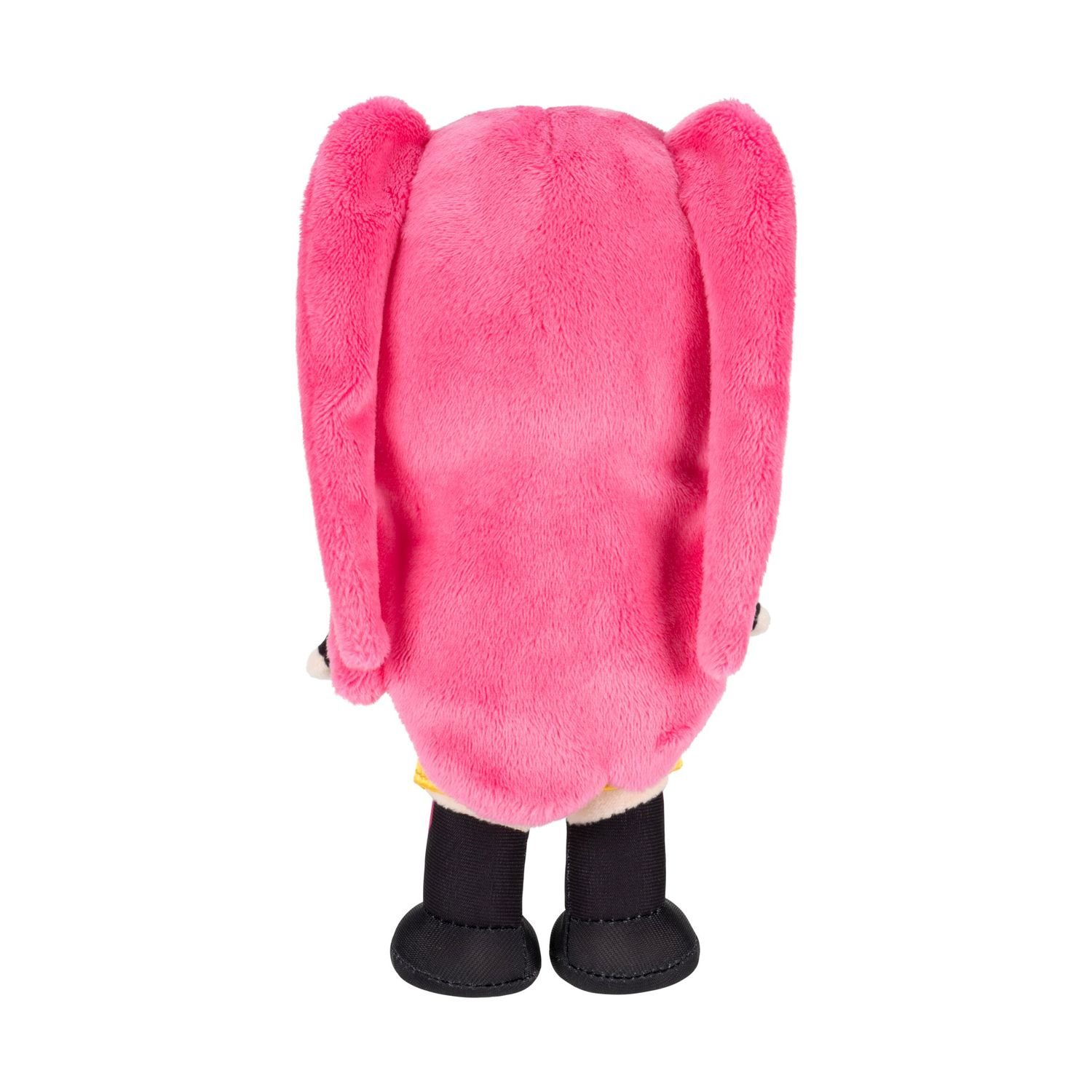 Vista posteriore di un peluche rosa con lunghe orecchie e piedi neri.