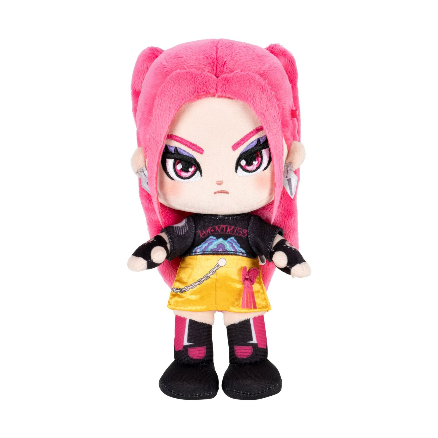 Pupazzo di peluche con capelli rosa, gonna gialla e vestiti neri.