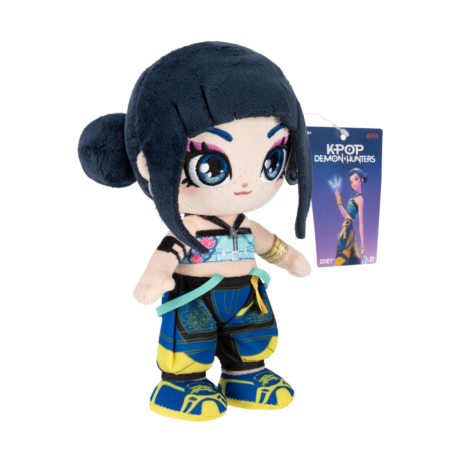 Peluche di Zoey da K-Pop Demon Hunters, con capelli blu scuro e vestito colorato.