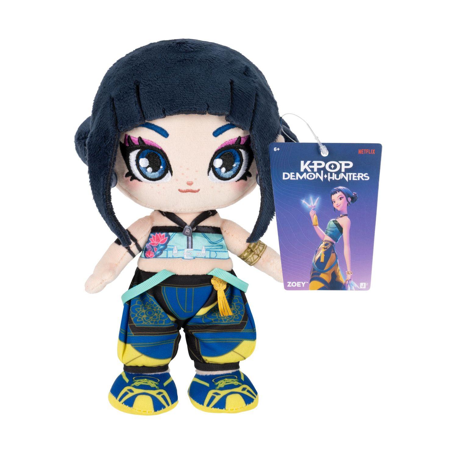 Peluche di Zoey da K-Pop Demon Hunters in abito blu con accenti gialli.