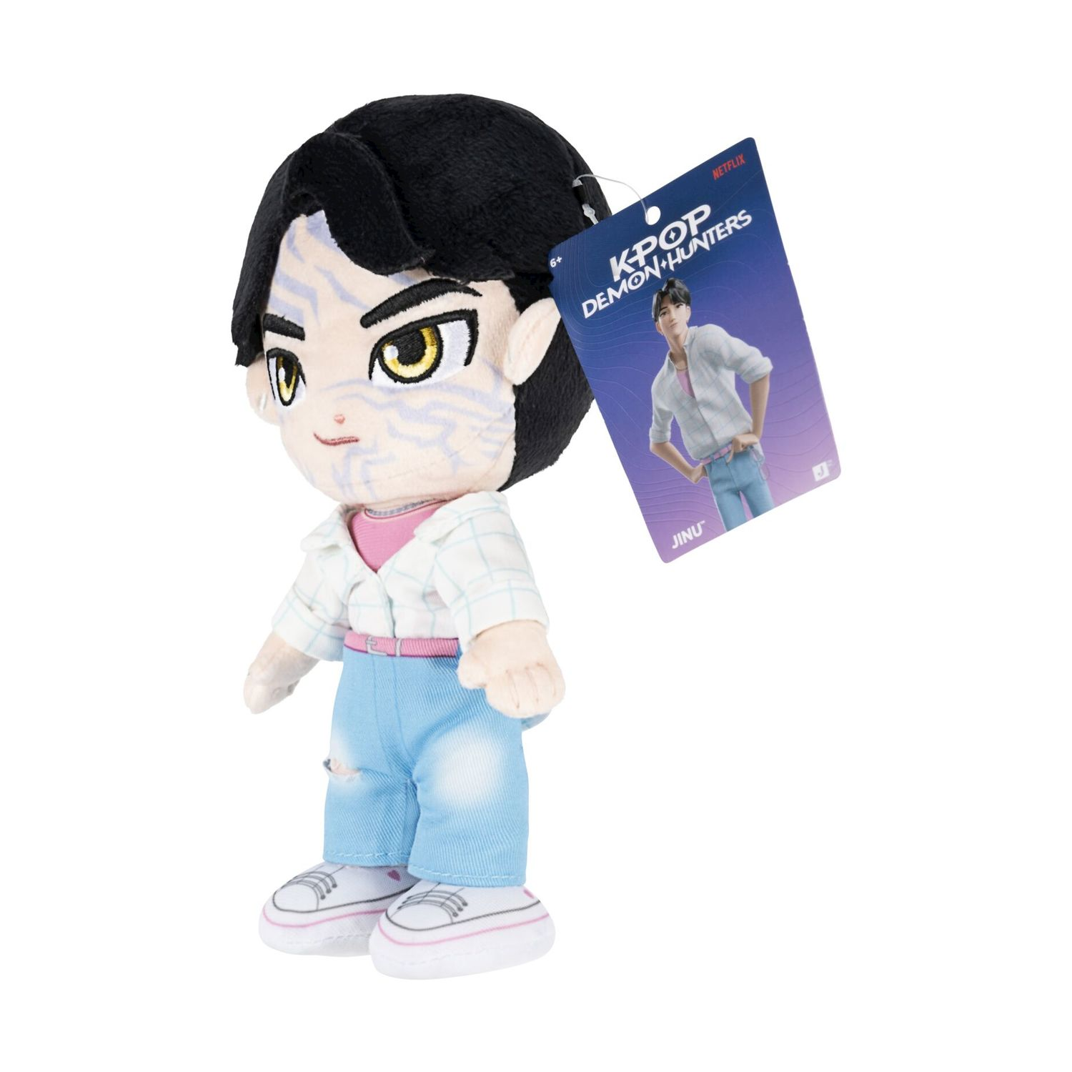 Peluche di JINU da K-Pop Demon Hunters in camicia blu e jeans strappati.
