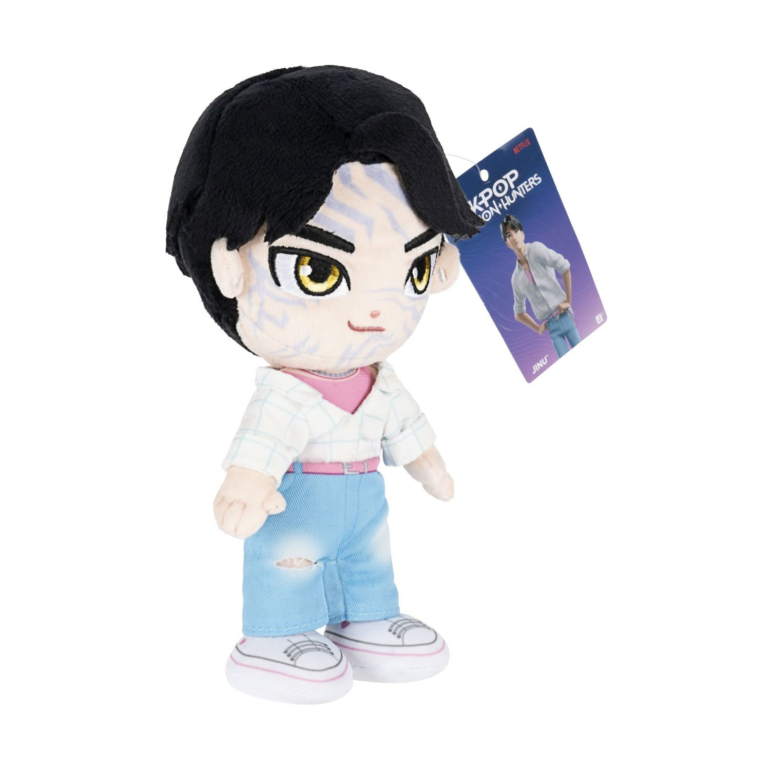 Peluche di JINU da K-Pop su Netflix, con jeans strappati e camicia a quadri.