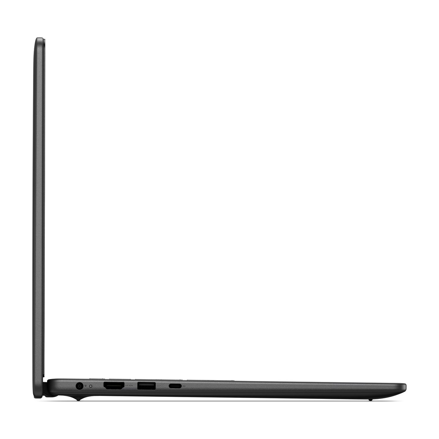 Vista laterale di un laptop scuro con porte: USB, HDMI, USB-C.