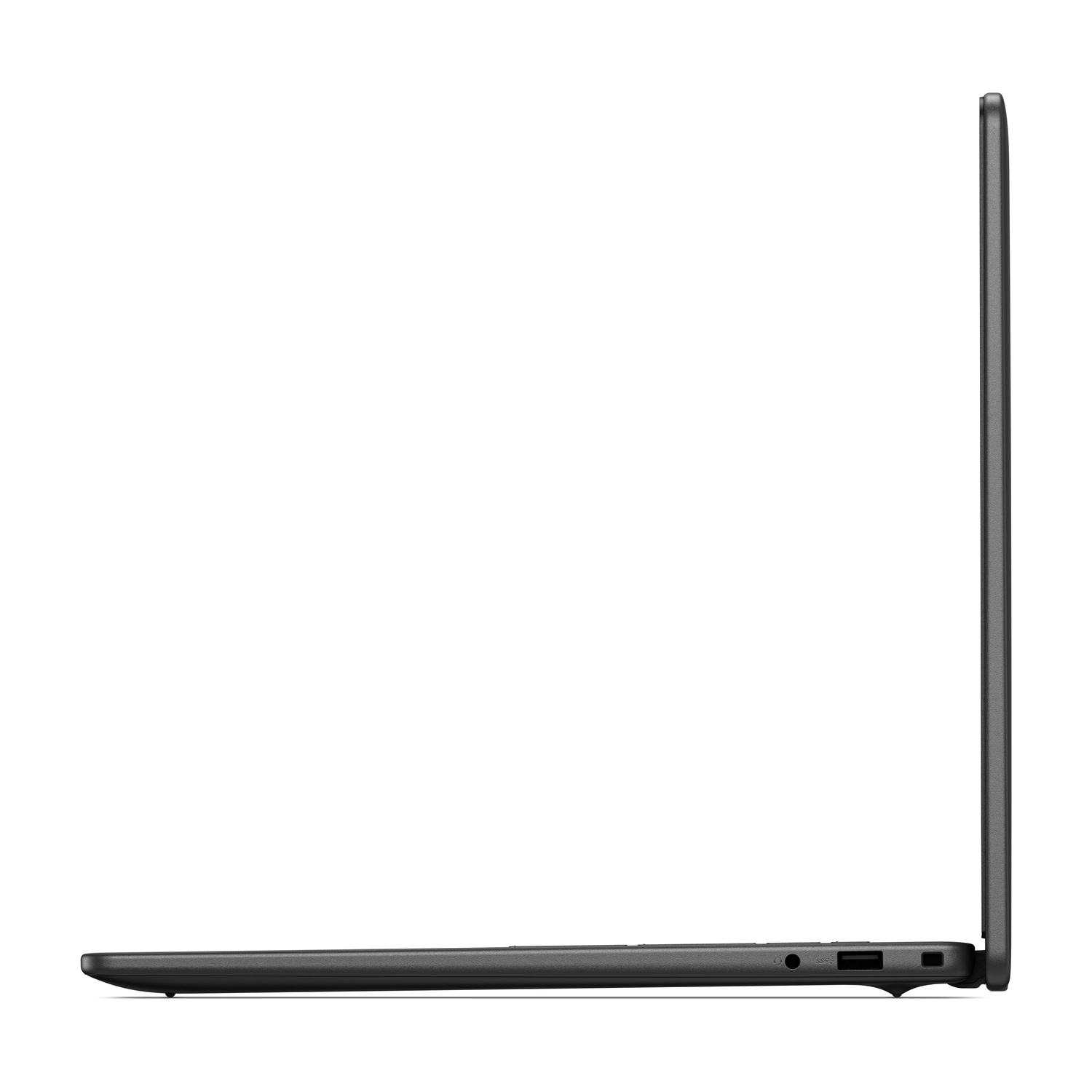 Vista di profilo di un laptop scuro con coperchio chiuso, con porte laterali visibili.