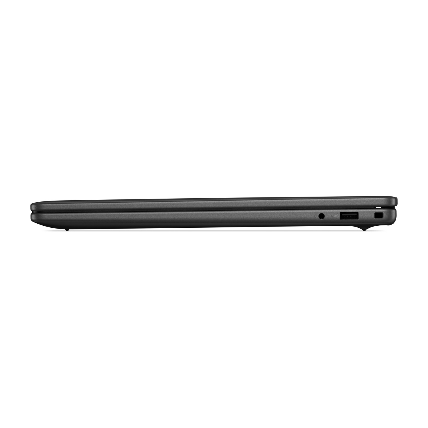 Laptop nero chiuso di profilo, con porta USB e jack per cuffie.