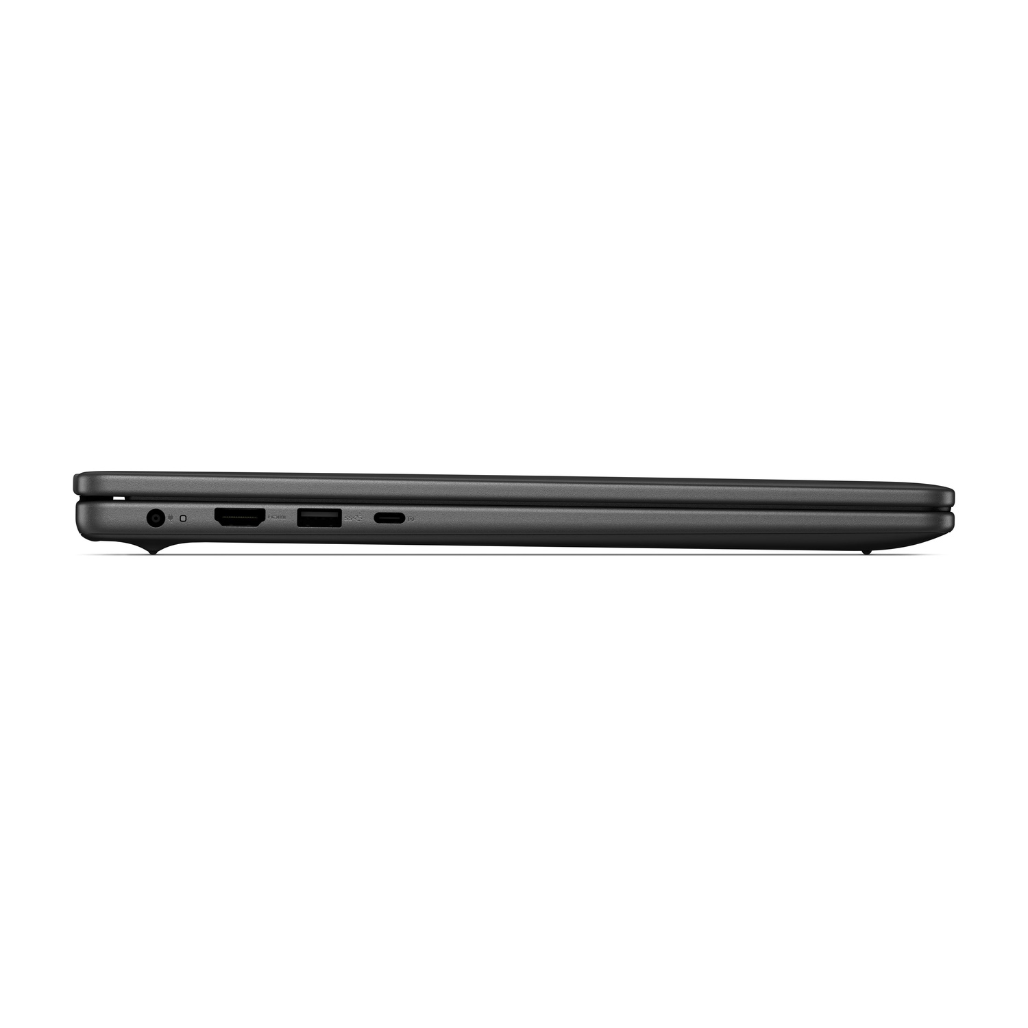Vista laterale di un laptop scuro che mostra porte come HDMI e USB.