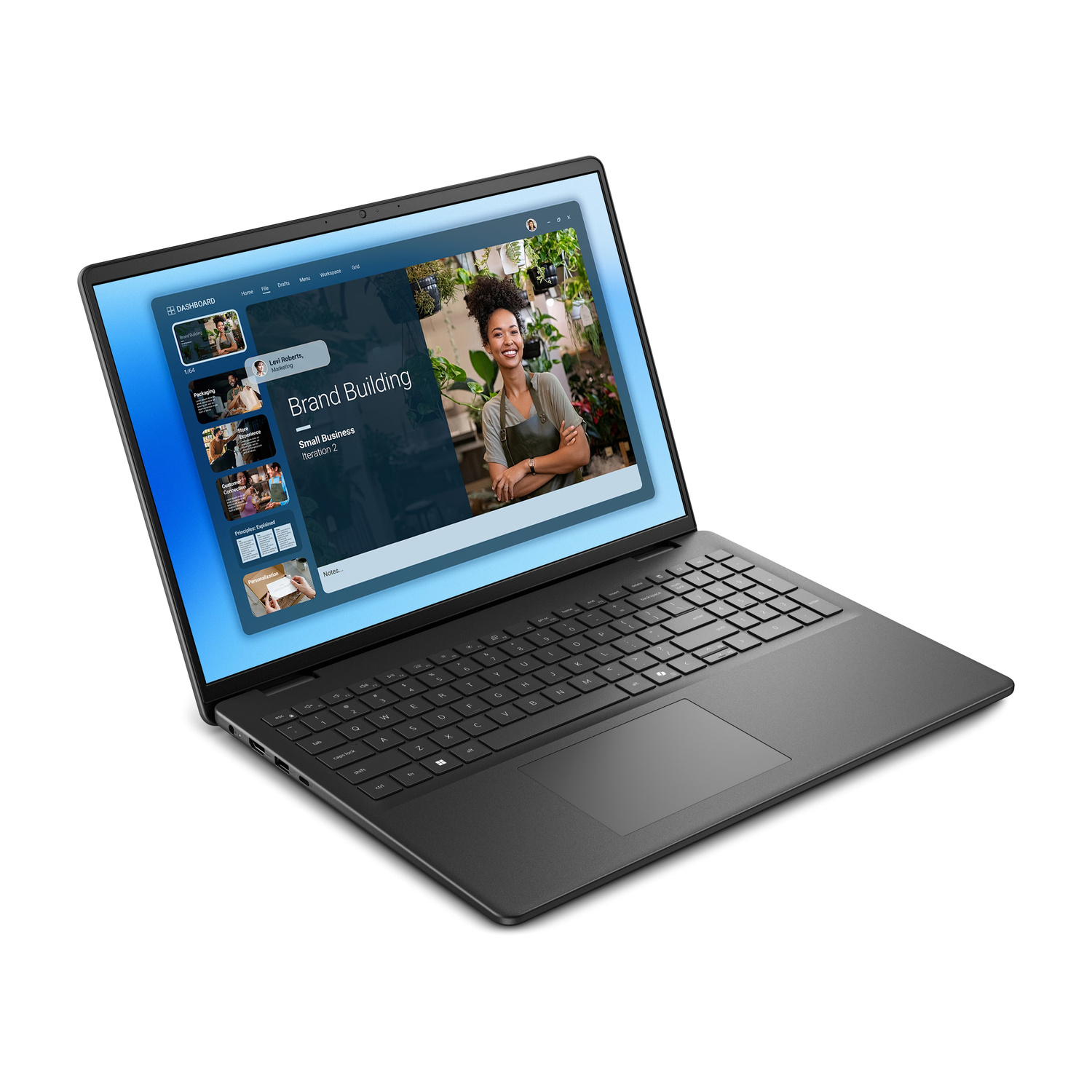 Un laptop nero mostra il marchio di una piccola impresa sullo schermo.