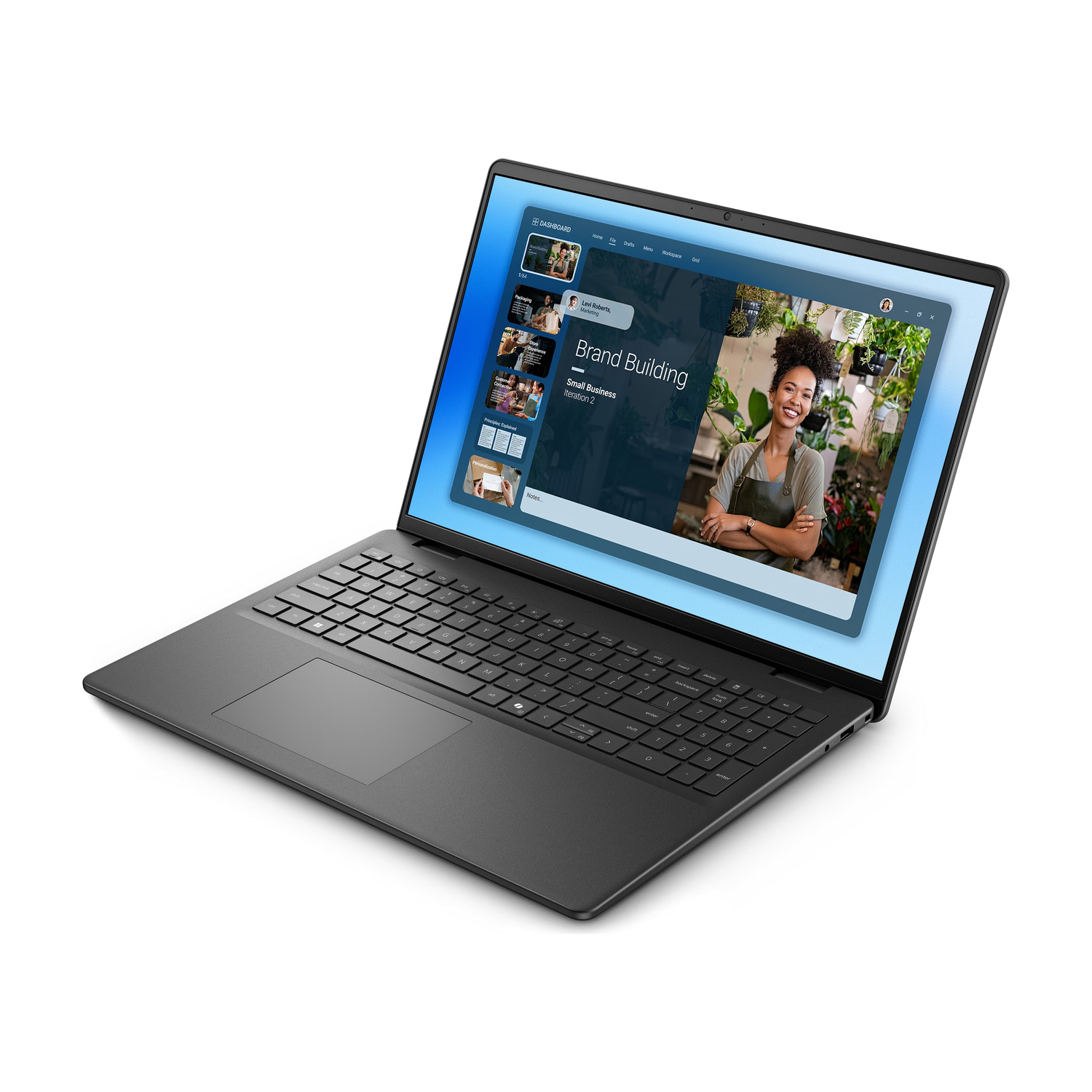 Un laptop nero mostra un sito web con una donna, piante e testo.