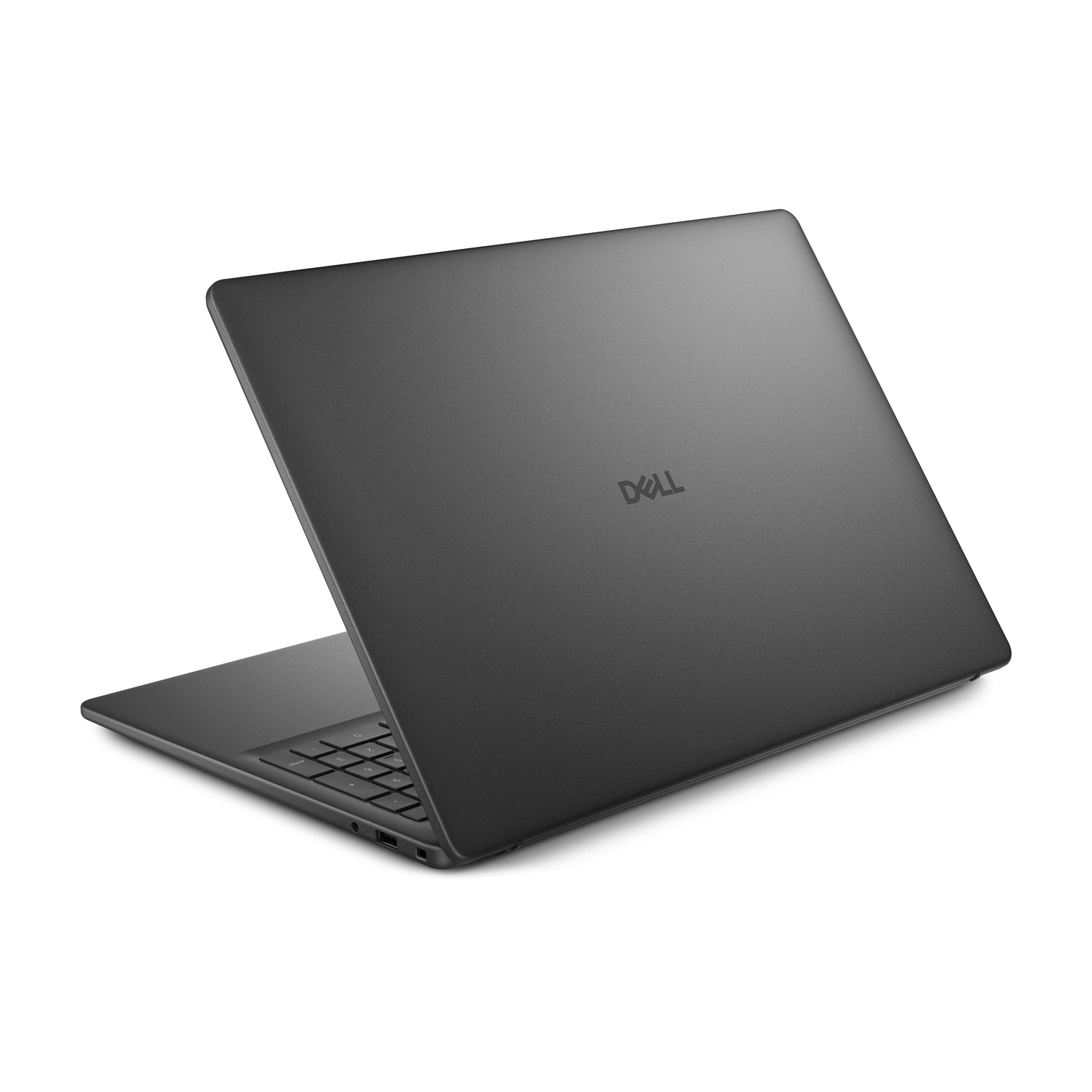 Un laptop Dell scuro, aperto su sfondo bianco.