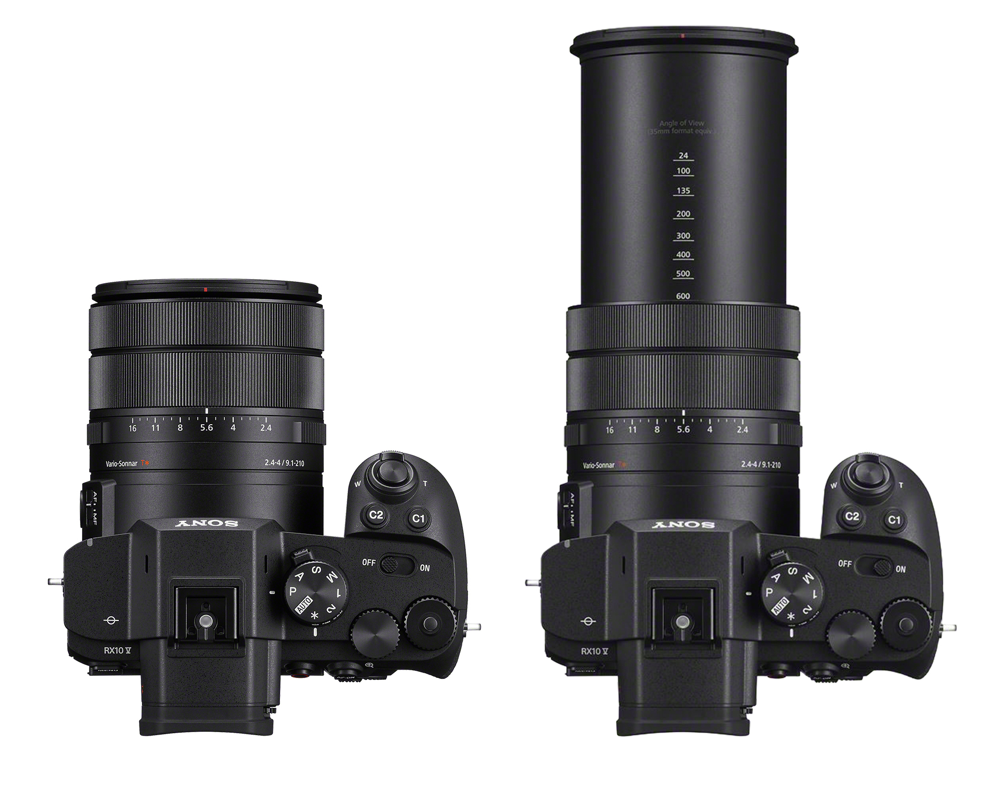 Dwa aparaty Sony RX10 z różnymi obiektywami widziane z góry na białym tle.