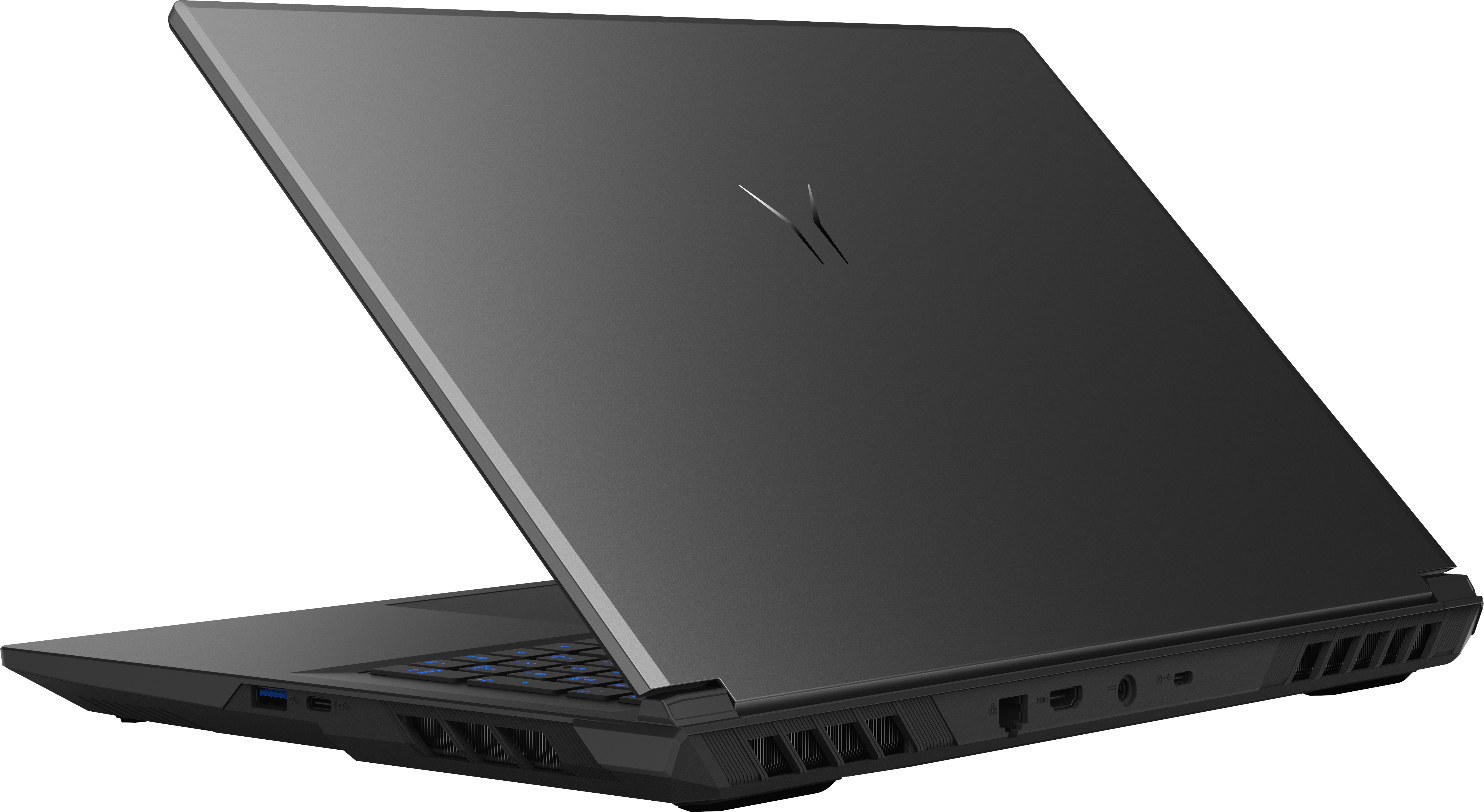 Ein schwarzer Laptop mit geöffnetem Deckel, Tastatur mit blauen Tasten.
