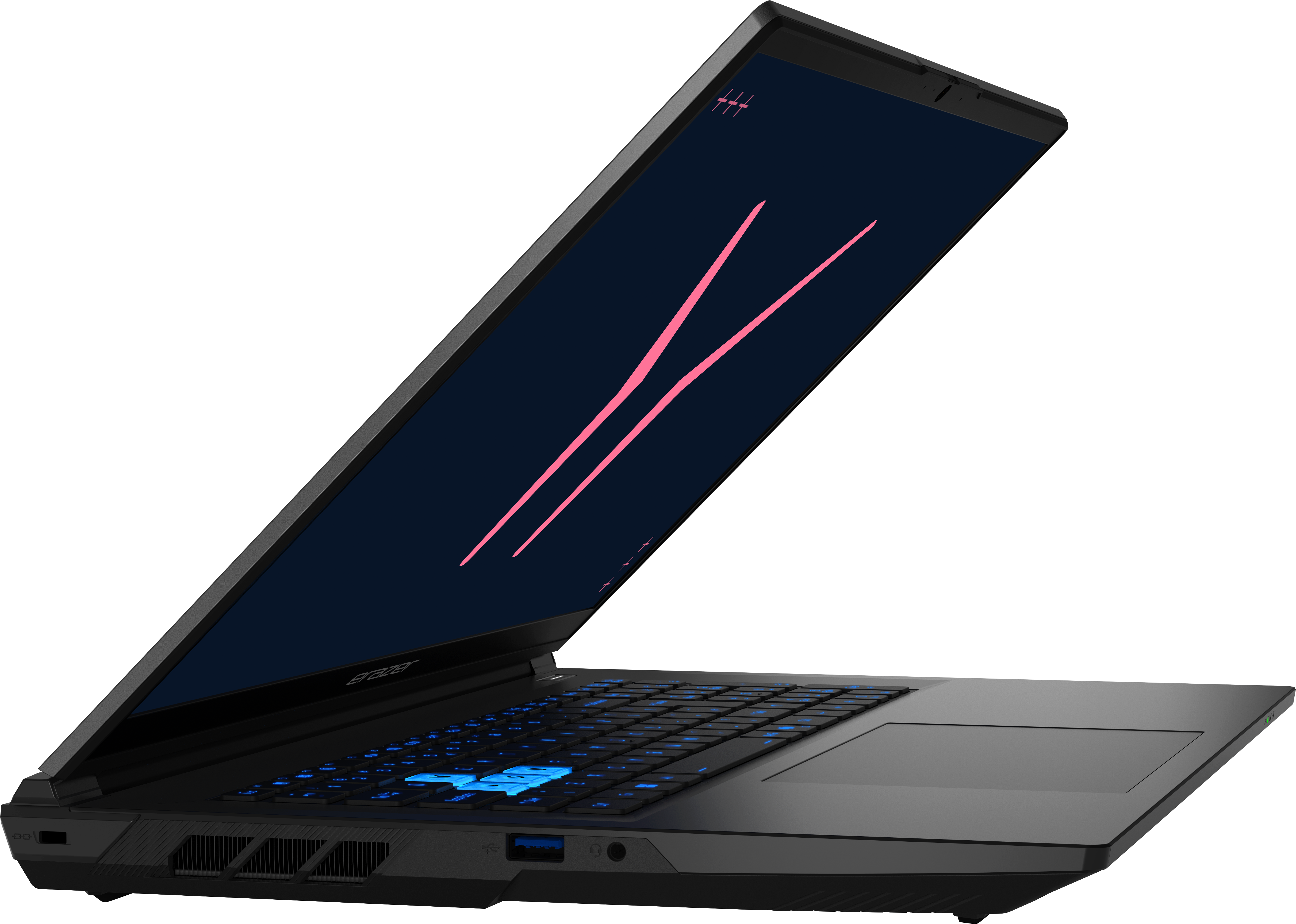 Schwarzer Laptop mit beleuchteter blauer Tastatur, geöffnet auf schwarzem Hintergrund.