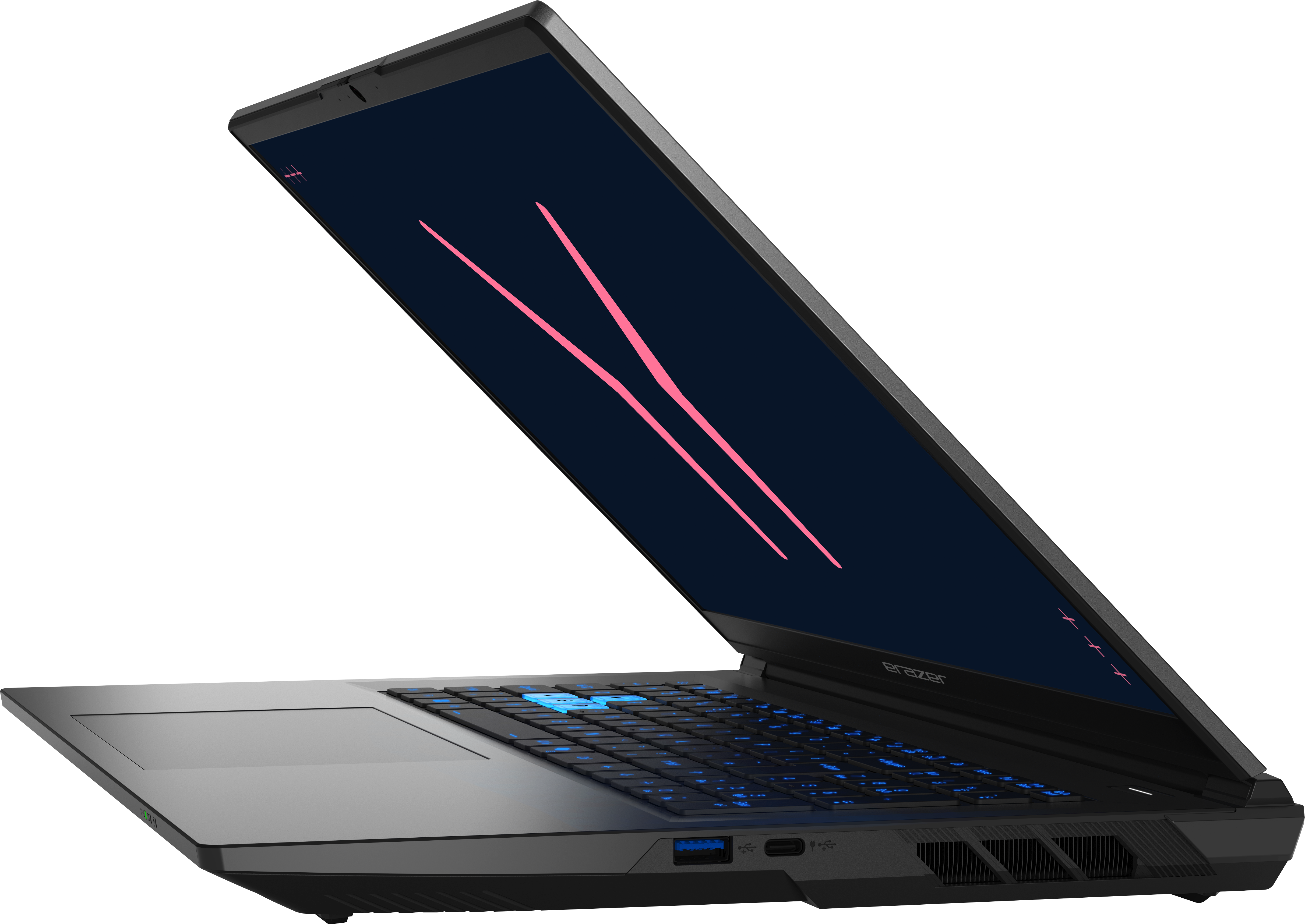 Ein schwarzer Laptop mit blau beleuchteter Tastatur und pinken Symbolen auf dem dunklen Bildschirm.