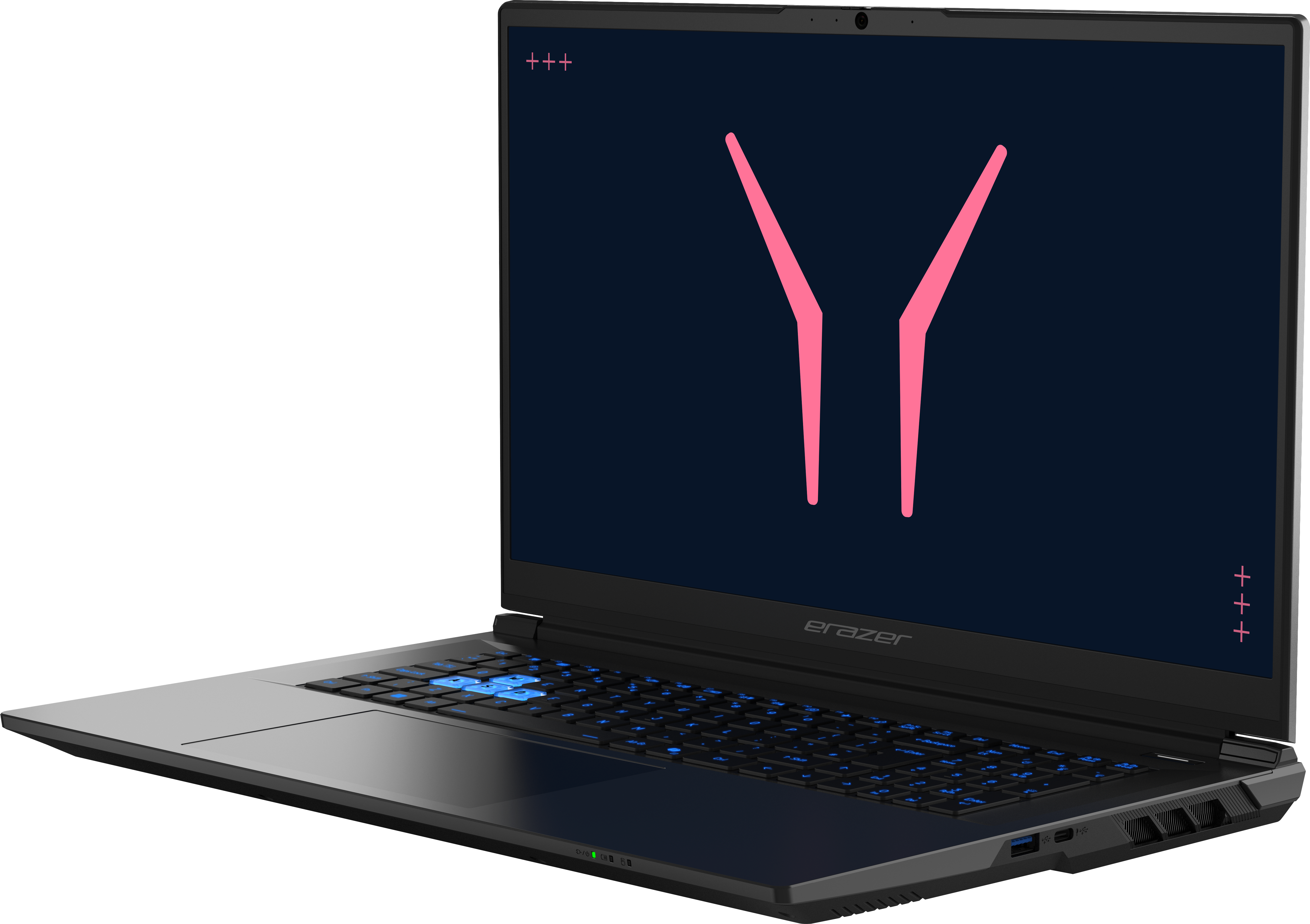 Ein geöffneter Laptop mit blau beleuchteter Tastatur und einem pinken Logo auf dem dunklen Bildschirm.