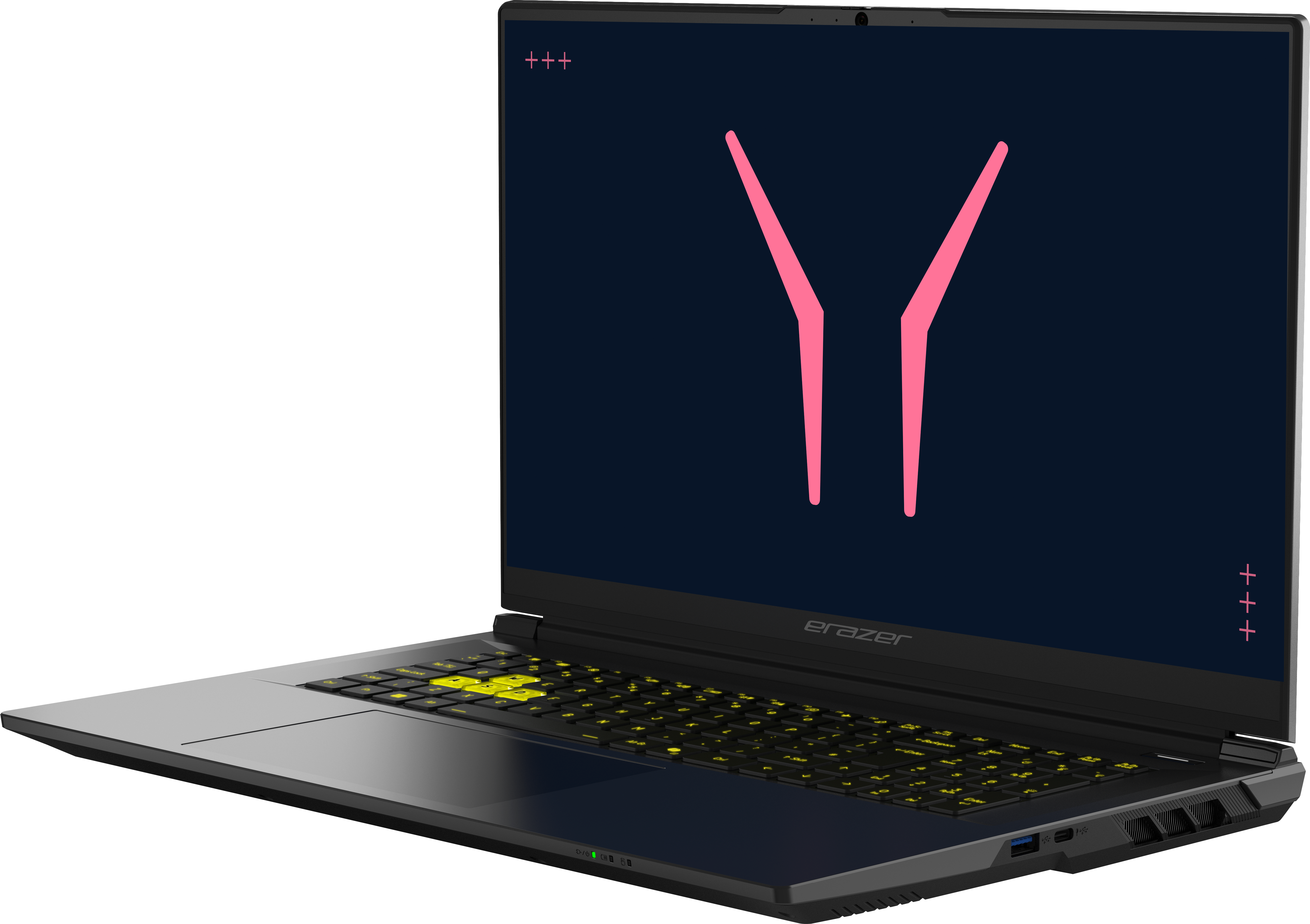 Ein dunkler Laptop mit gelber Tastatur und einem pinken Logo auf dem dunklen Bildschirm.