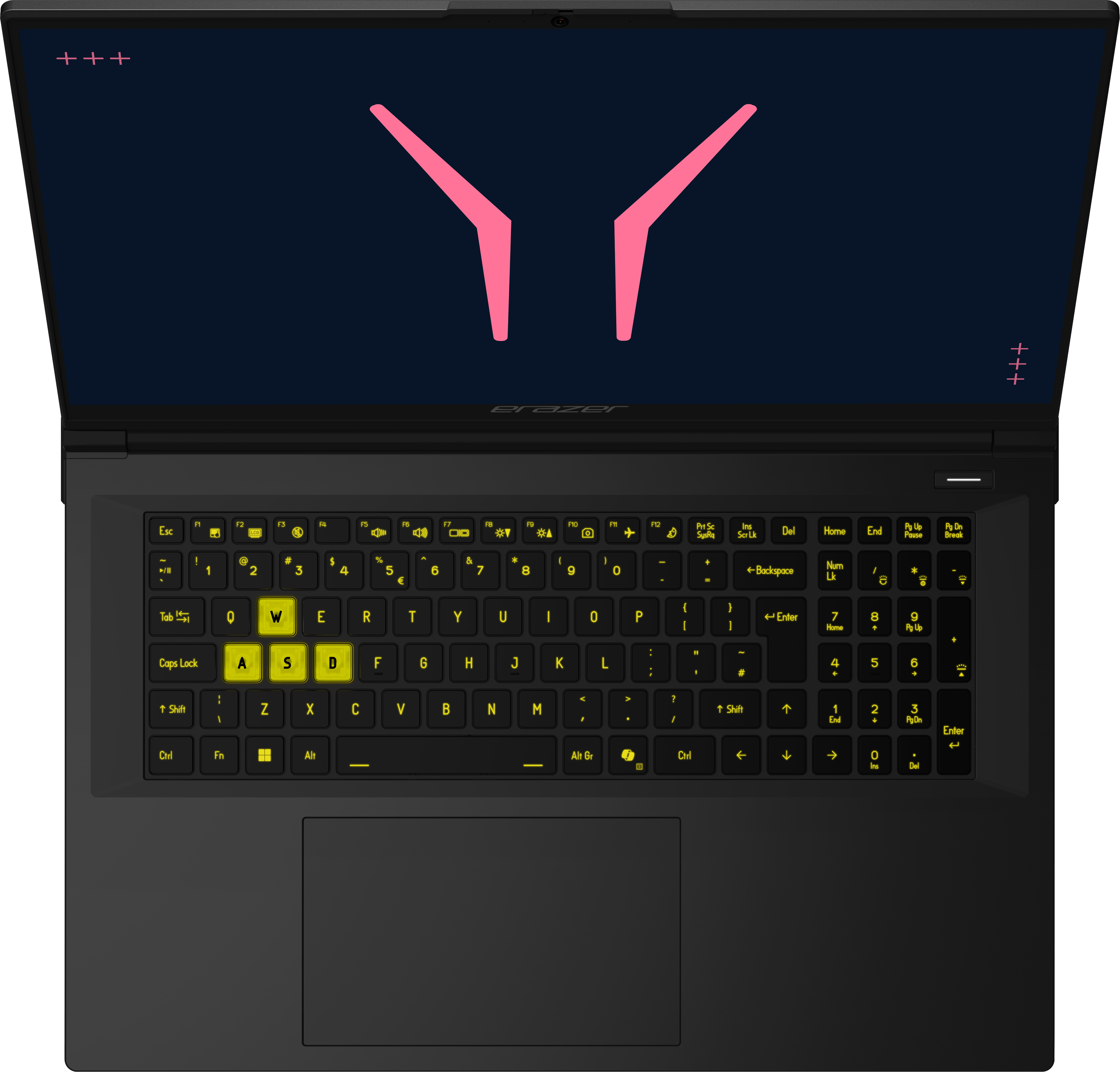 Offener schwarzer Laptop mit gelben Tasten und einem rosa 'Y'-Logo auf dunkelblauem Bildschirm.