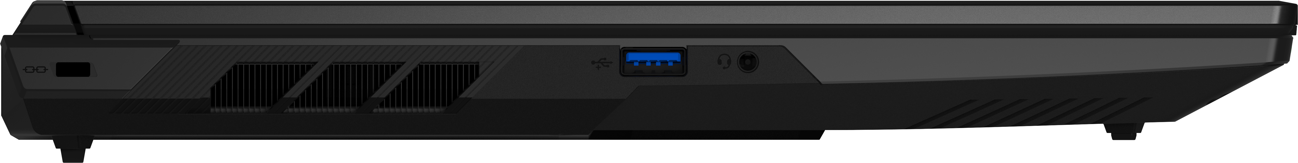 Schwarzer Laptop-Seite mit USB-, Audio- und Lüftungsschlitzen.