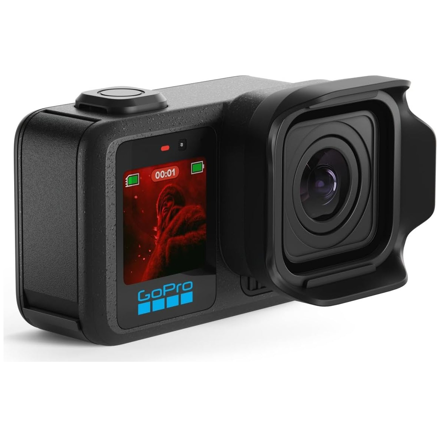 Black GoPro camera with lens cover and screen showing a video.