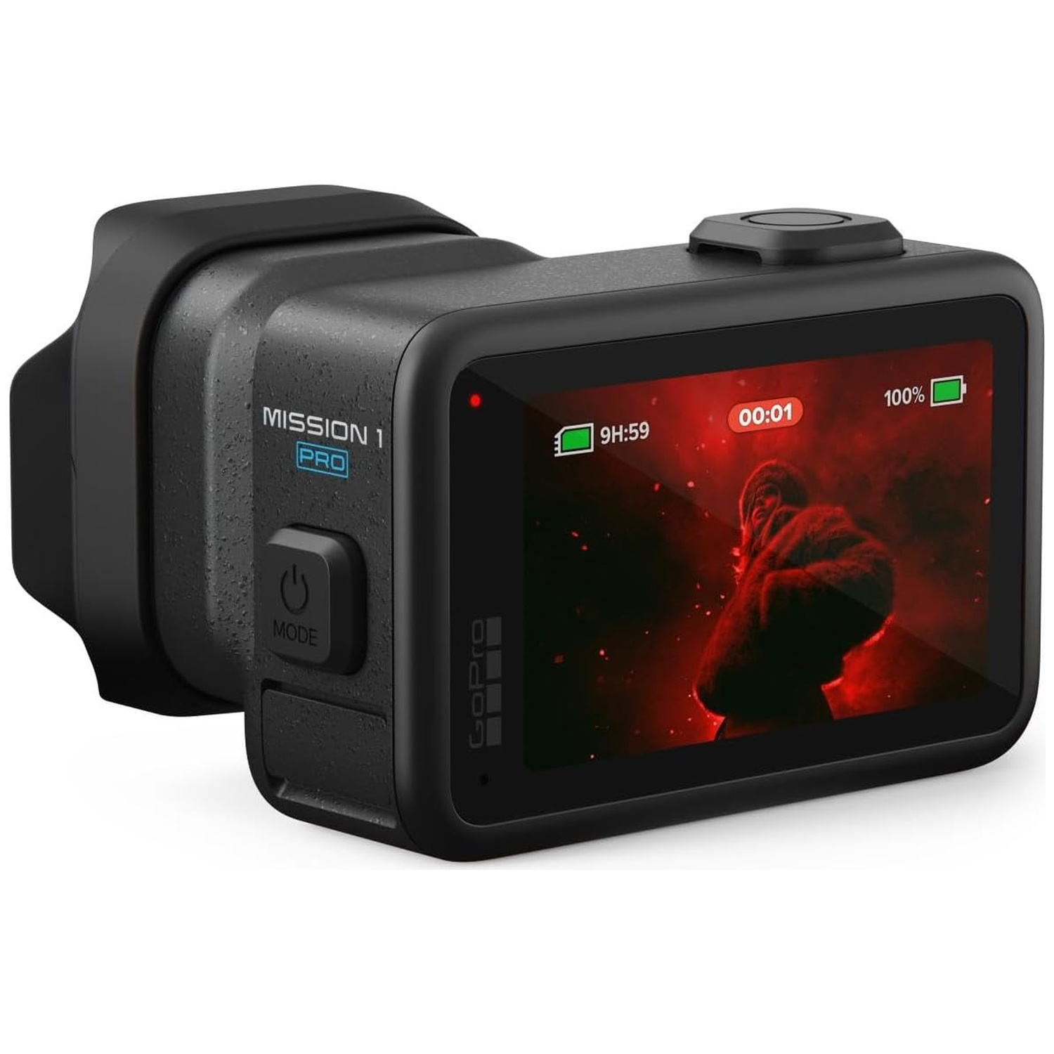 Black GoPro camera with 'Mission 1 PRO' label and a screen showing a person in a hoodie.