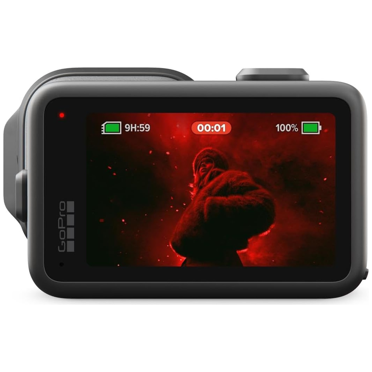 GoPro camera displays man in furry clothing against red smoky background.