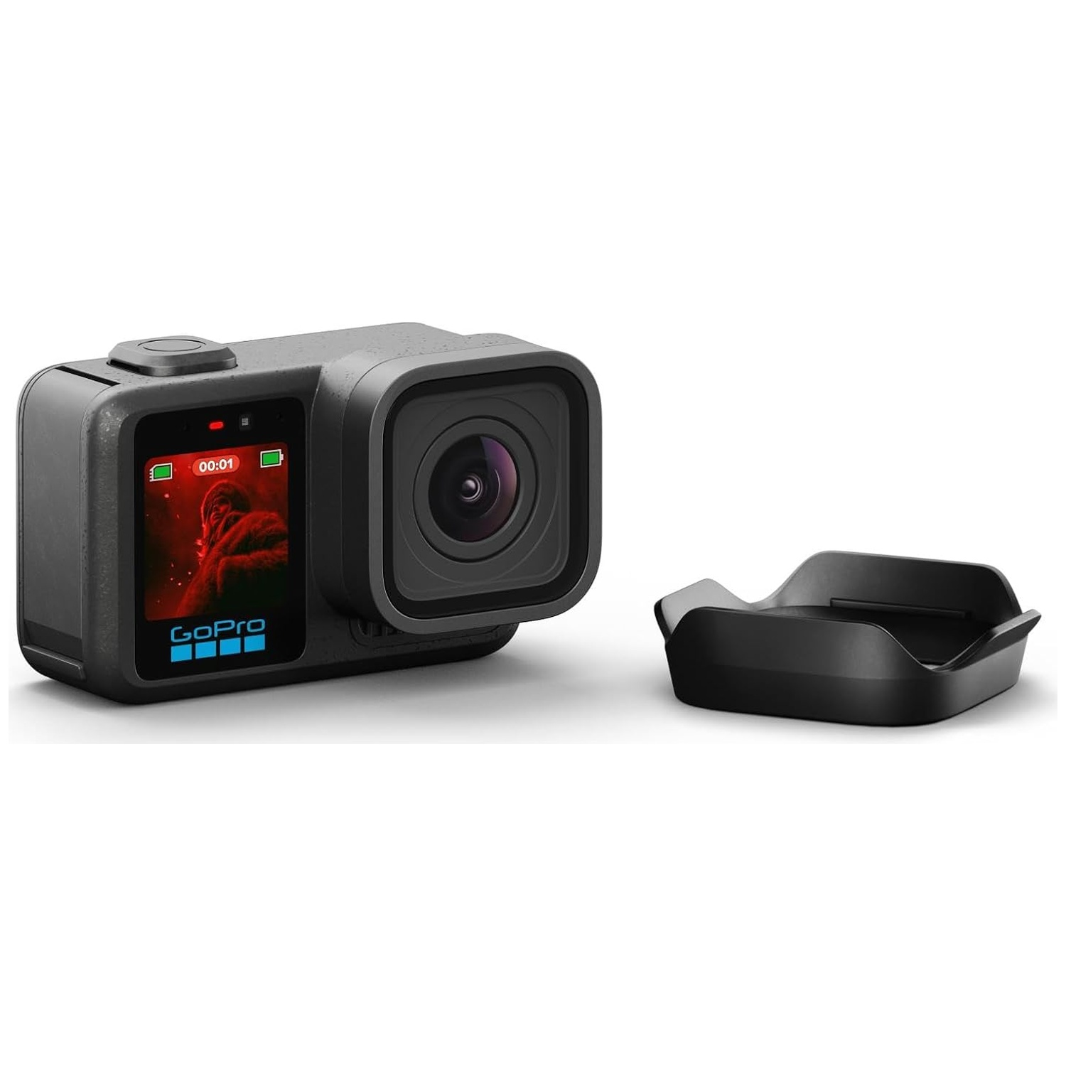 A black GoPro camera with lens and accessory on a white background.