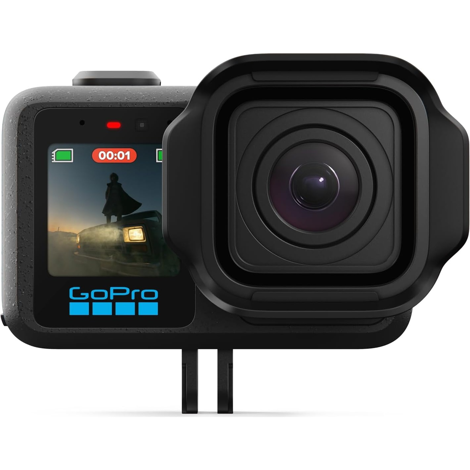 A black GoPro camera with a lens and screen showing a person on a car.