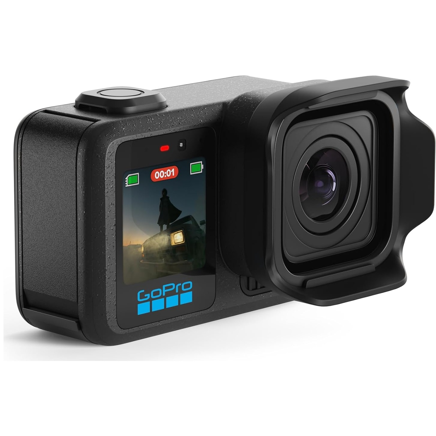 Black GoPro camera with lens cover and small screen showing person on a car.