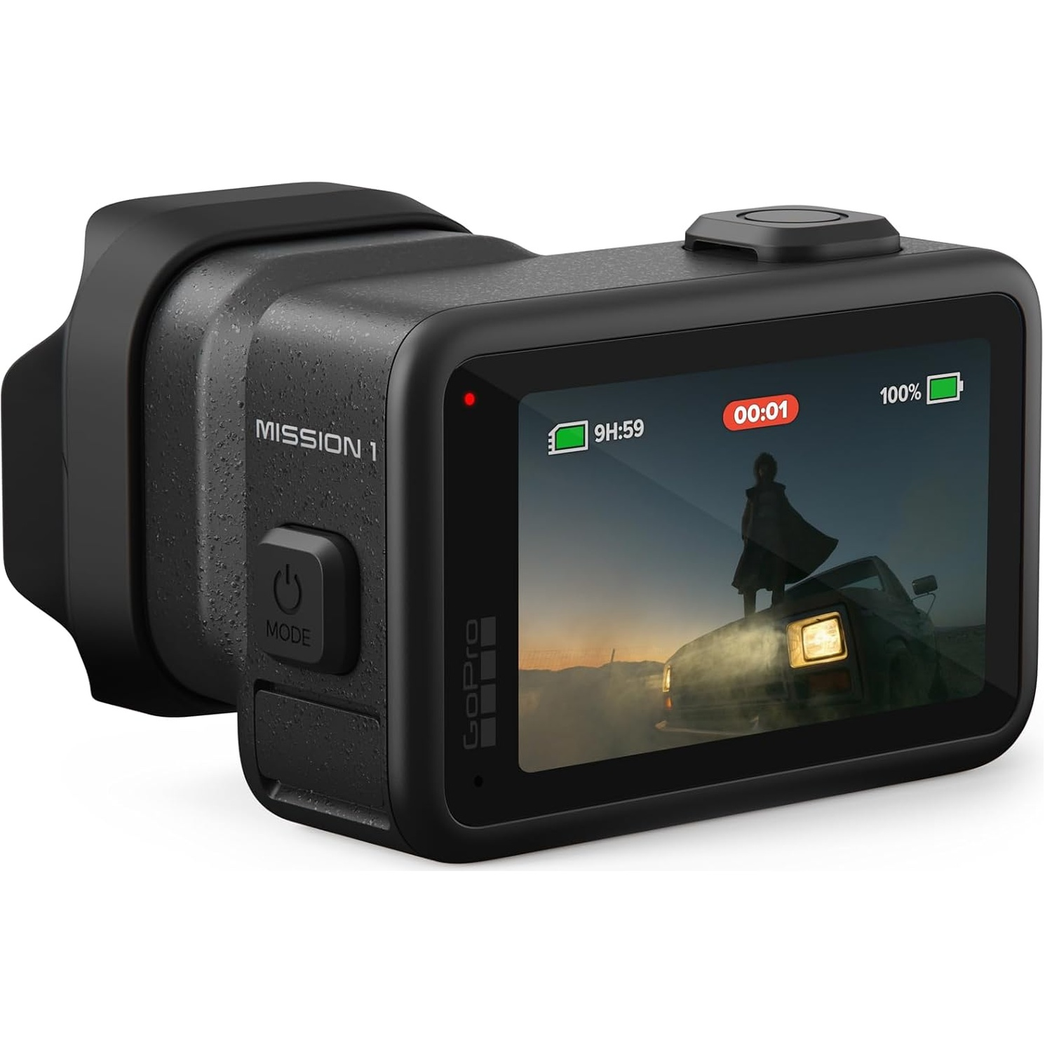 Black GoPro with attached housing, recording mode displayed on screen.