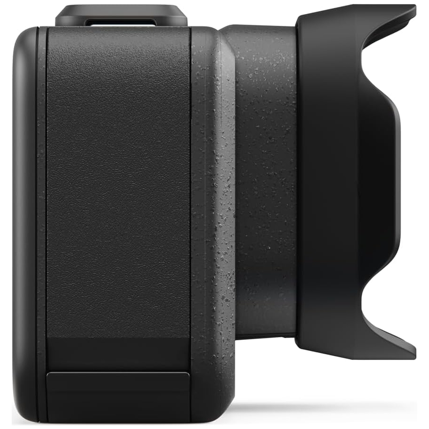 Close-up of a black camera with a lens protector attached.