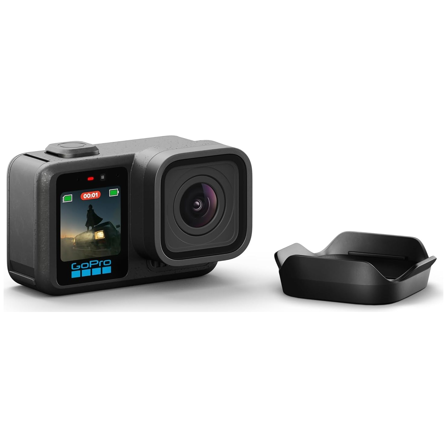 A black GoPro camera with lens cover, isolated on a white background.