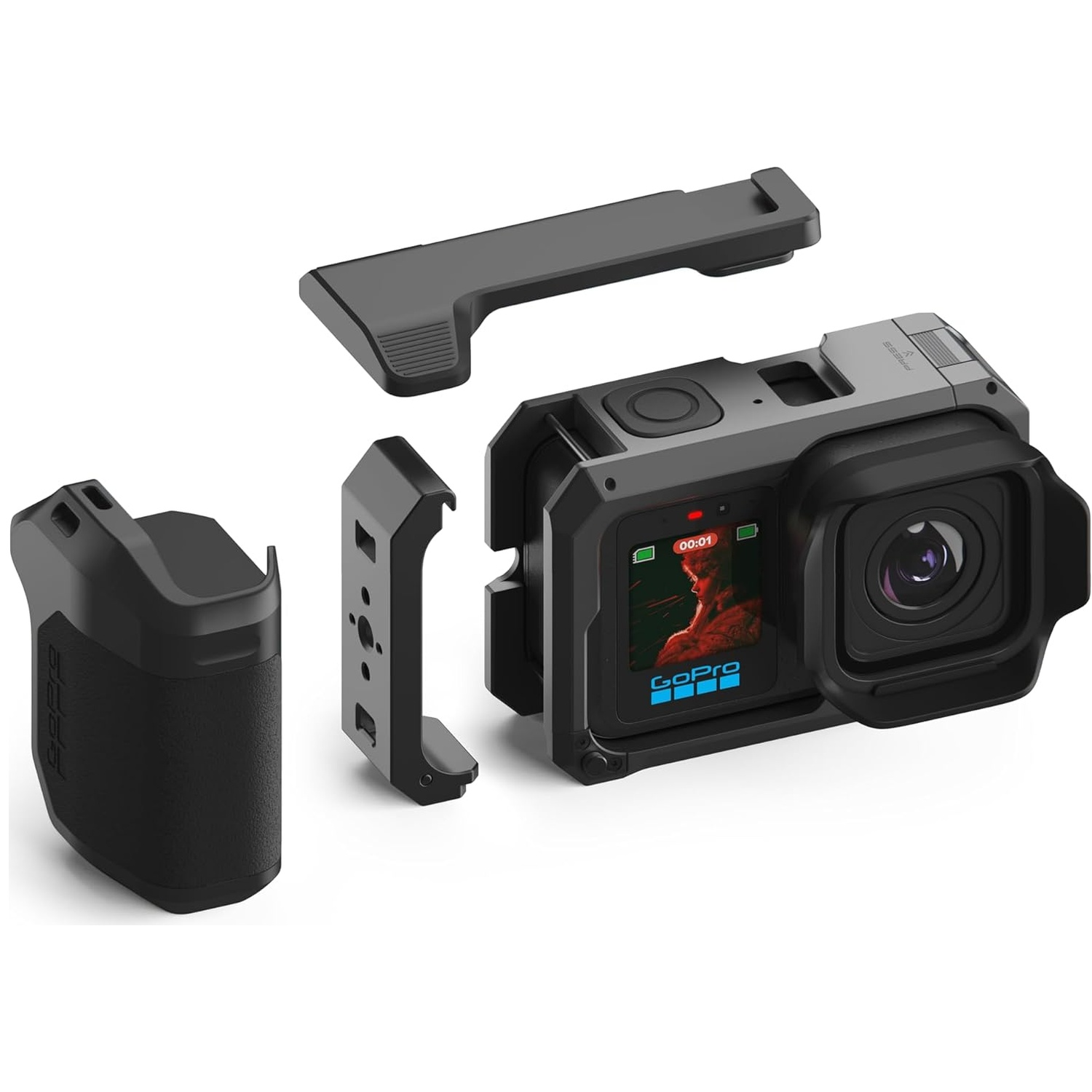 GoPro camera with accessories: grip, mount, and protective cage on white.