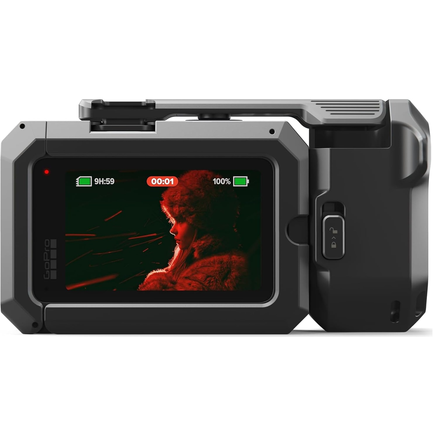GoPro with screen showing woman in fur. Battery 100%.