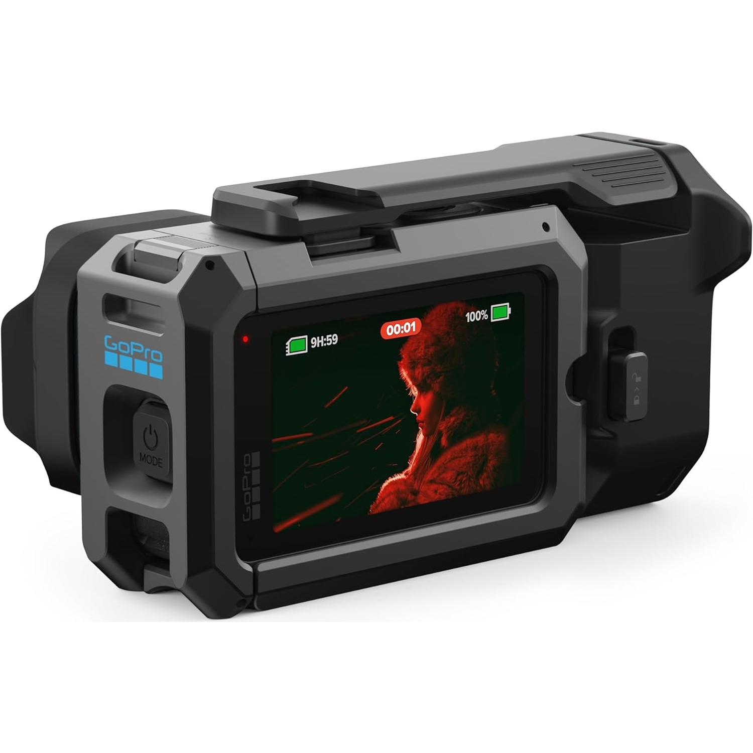 A black GoPro camera with a screen displaying a person.