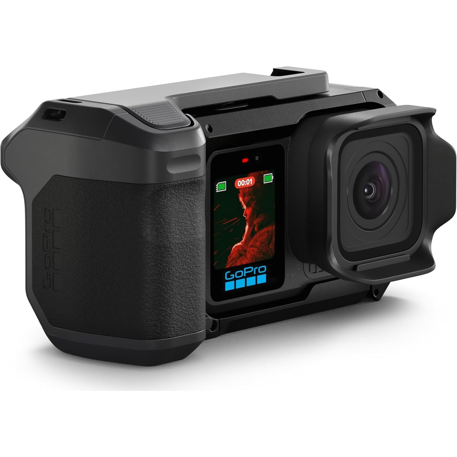 A black GoPro camera with a small screen displaying a face.