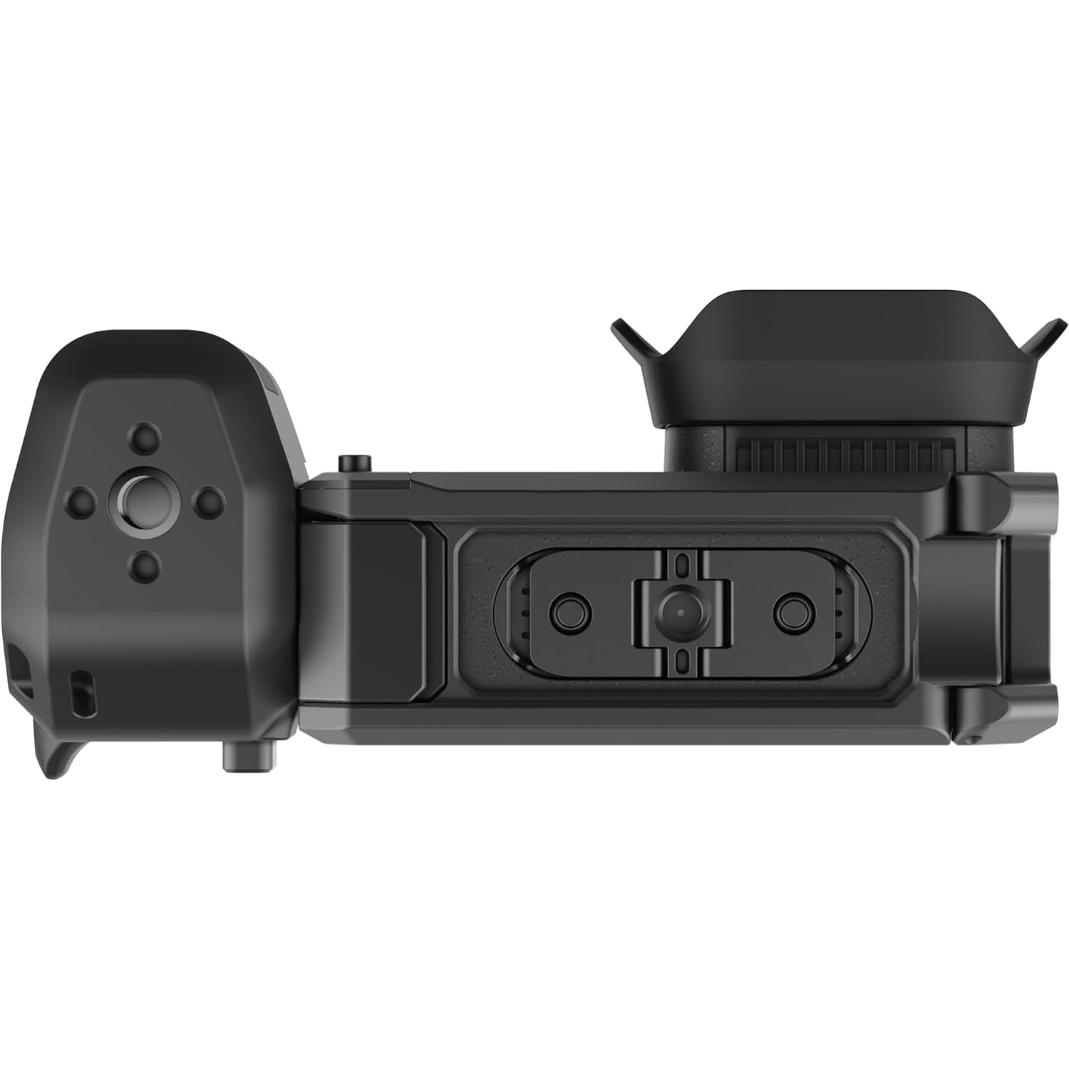 Black camera grip with buttons and ports on a white background.