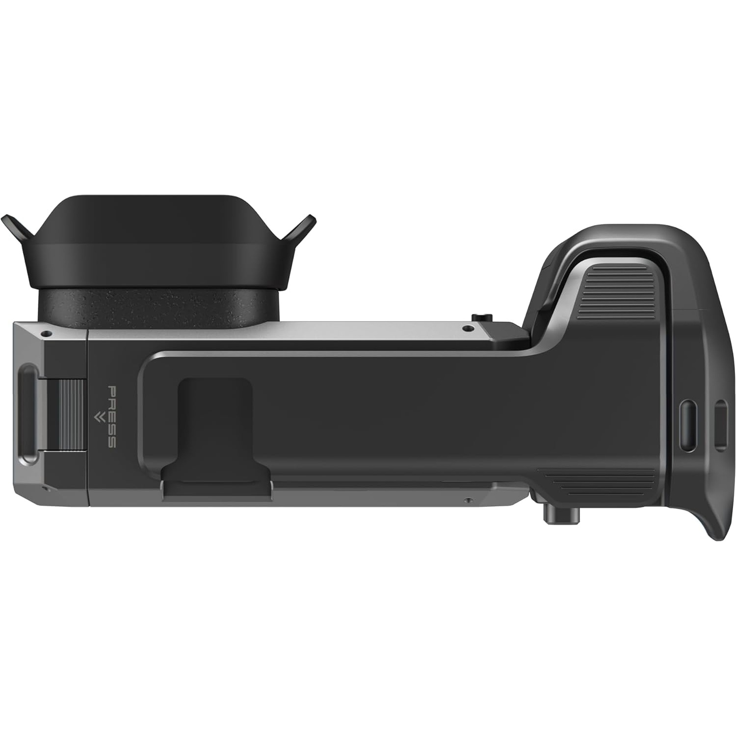 A gray and black camera with a lens hood.